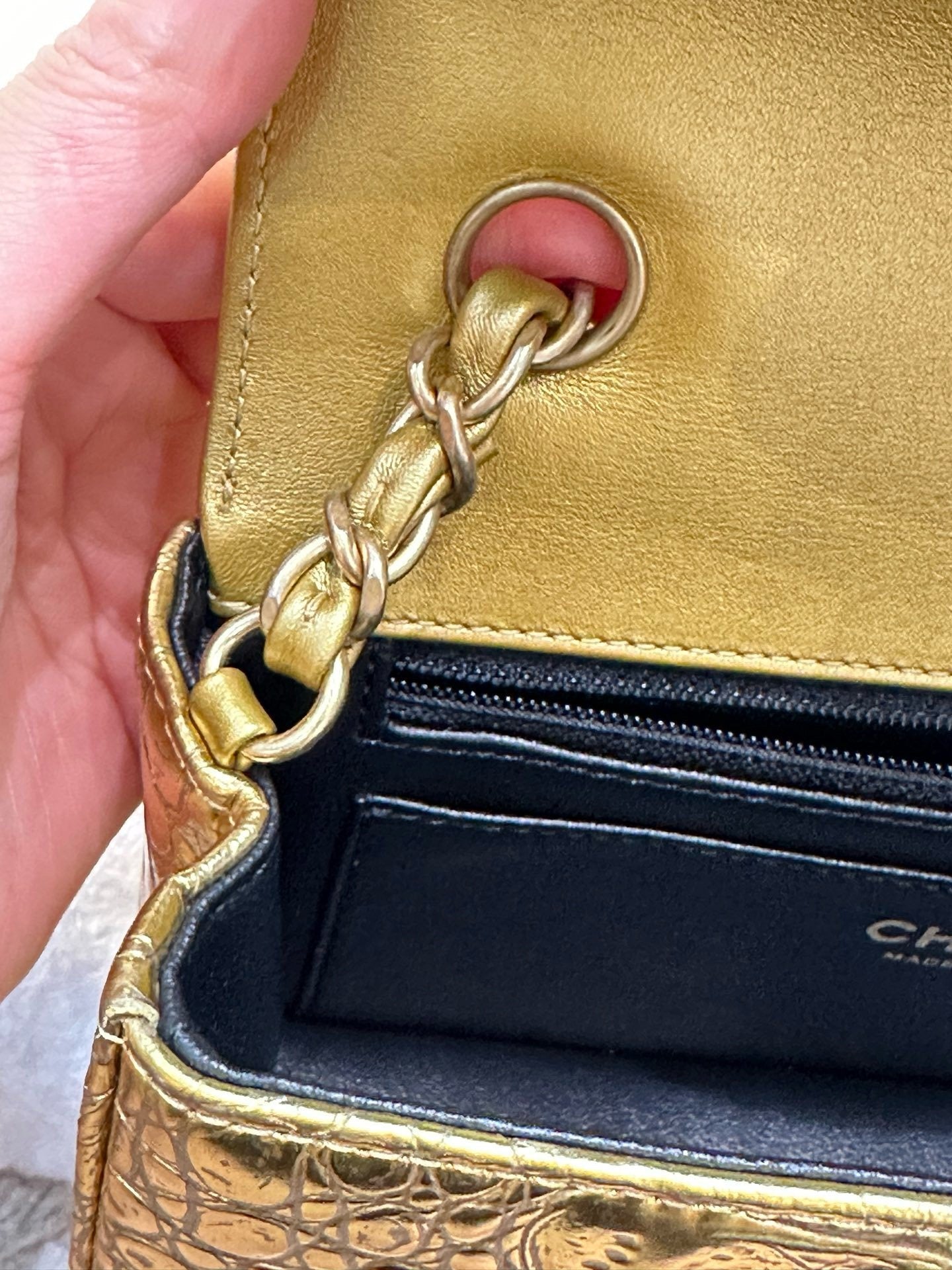 Chanel Mini Calfskin Crocodile Embossed Rectangular Gold Metallic Flap Bag
