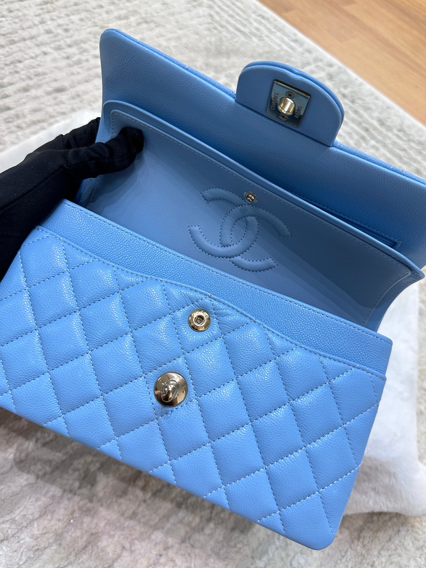 Chanel Small Classic Flap Ligth Blue Caviar Light Gold Hardware
