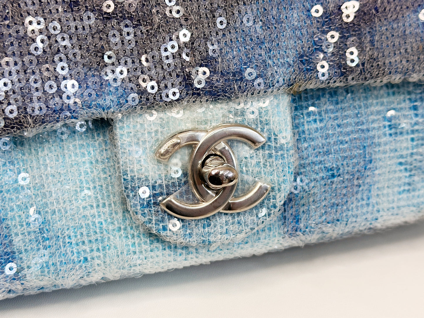Chanel Sequin Mini Waterfall Light Blue Flap Bag 2590 holo card