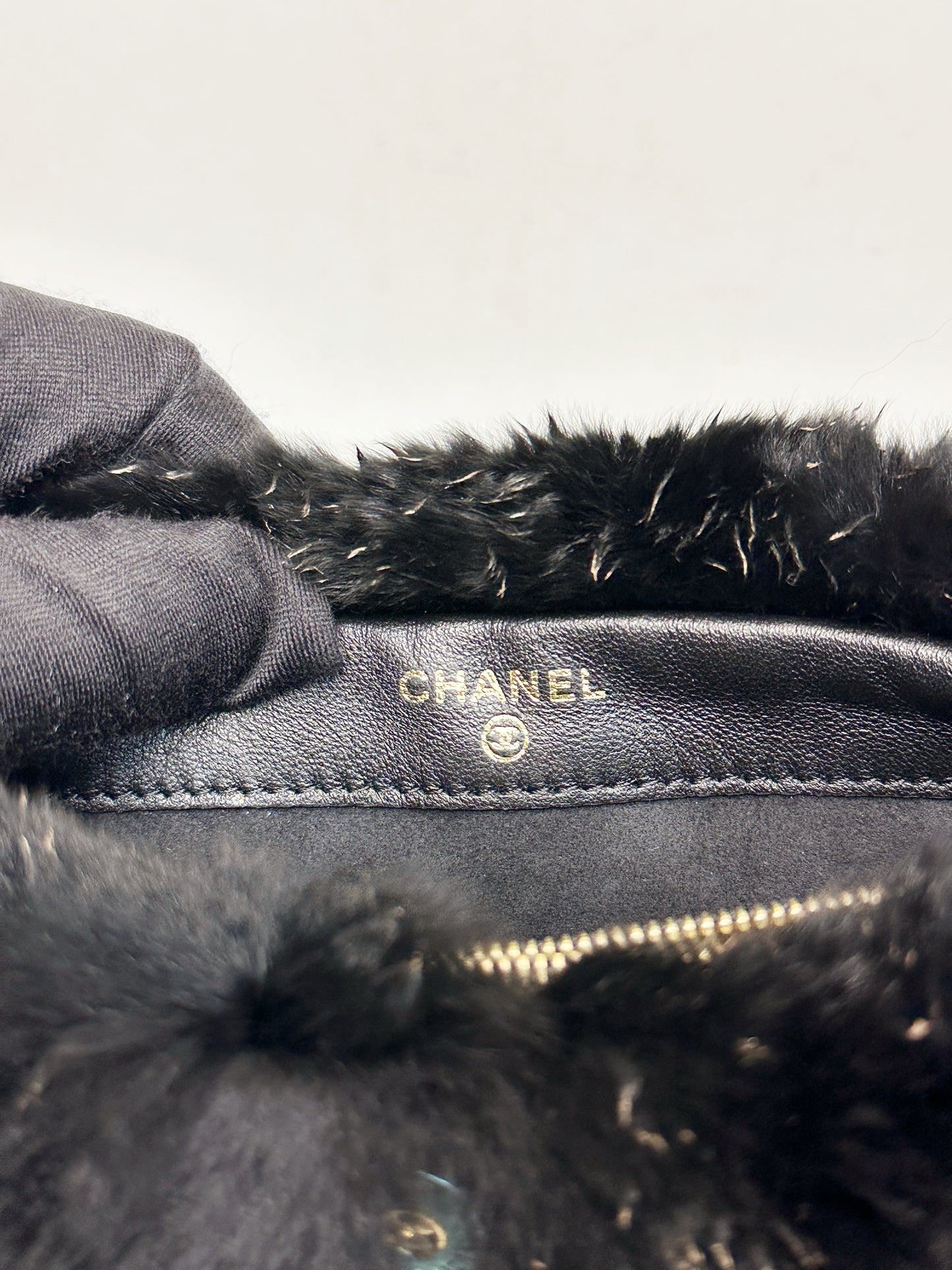 Chanel CC Black Fur Chain Clutch 2270 holo card