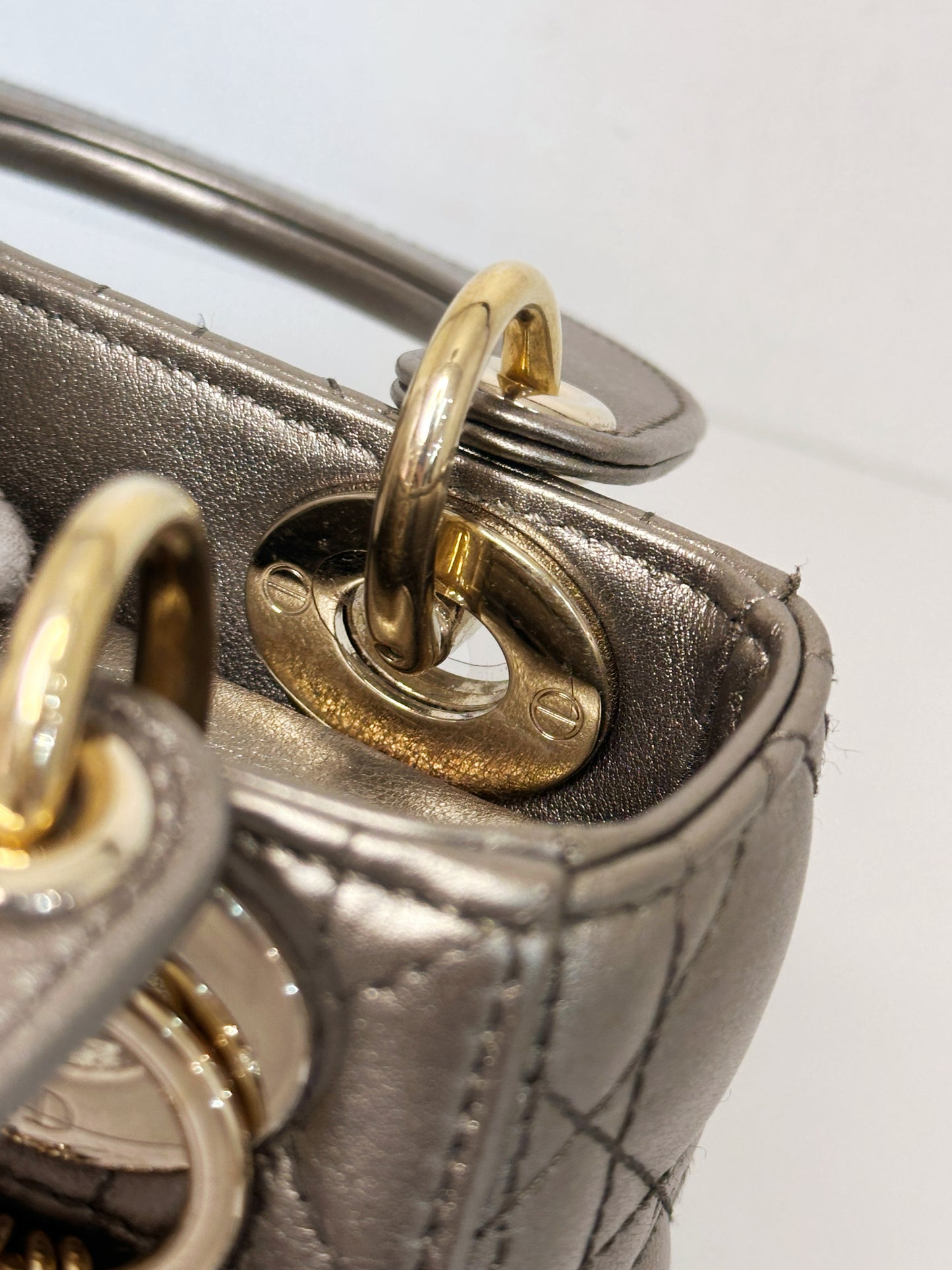 CHRISTIAN DIOR LADY MINI CALFSKIN CANNAGE BRONZE METALLIC GOLDEN HARDWARE CHAIN STRAP