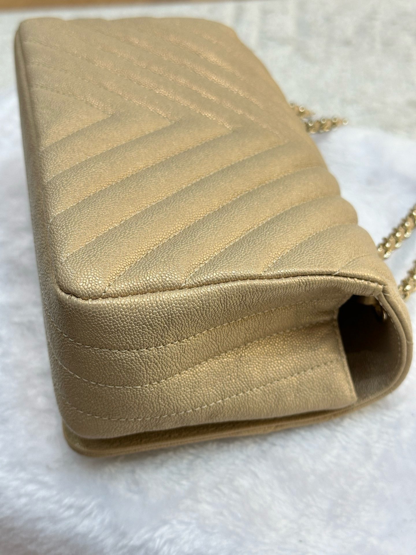 Chanel Mini Statement Metallic Caviar Chevron Quilted Flap Beige LGHW