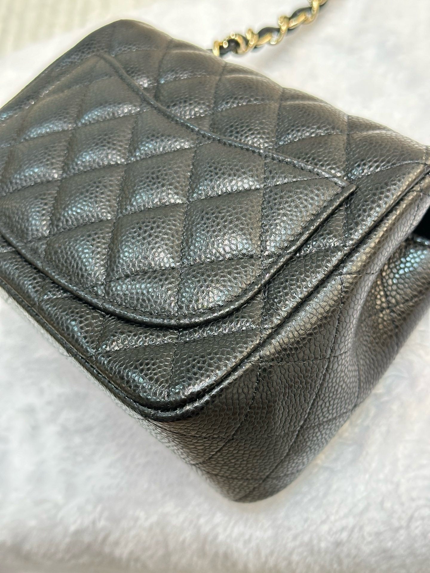 Chanel Mini Square Caviar Flap Bag Black GHW 25 holo card (Chain short than usual)