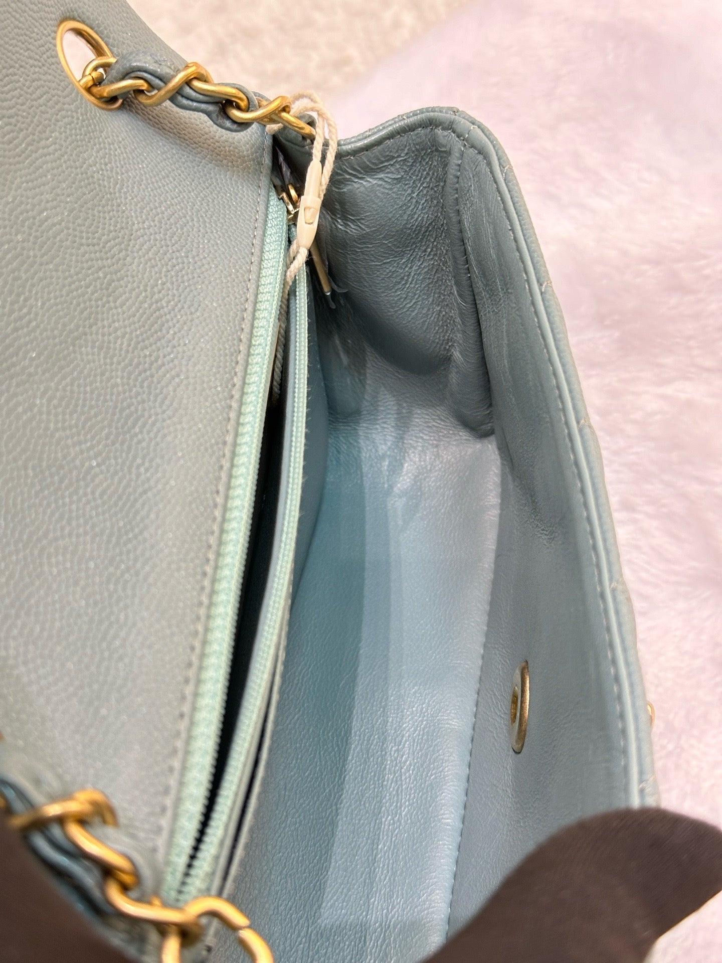 CHANEL Iridescent Caviar Quilted Mini Rectangular Flap Light Blue 18C