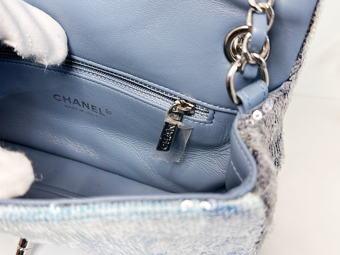 Chanel Sequin Mini Waterfall Light Blue Flap Bag 2590 holo card