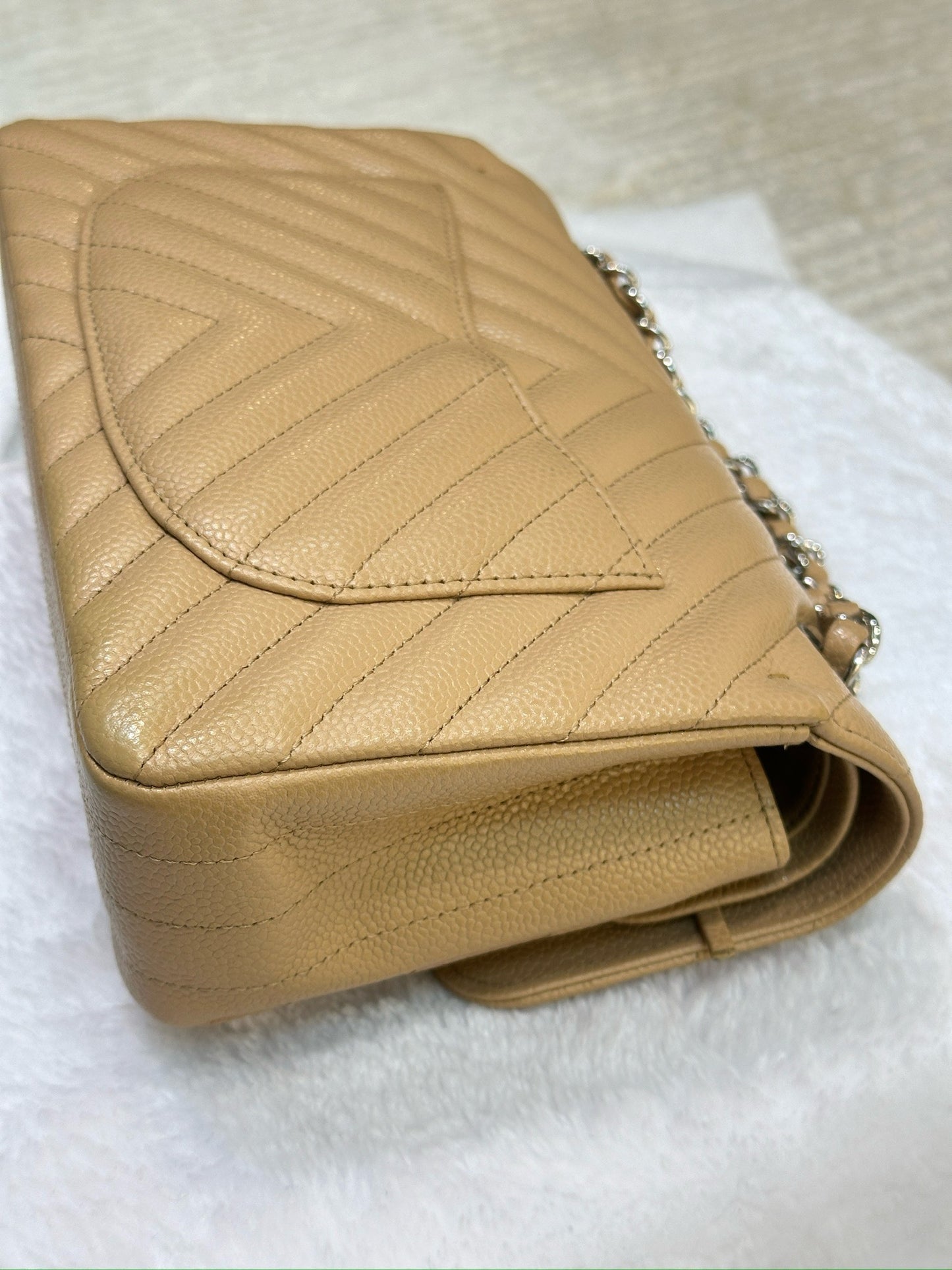 Chanel Small Classic Chevron Calfskin Double Flap Dark Beige SHW 19S 27 Holo card