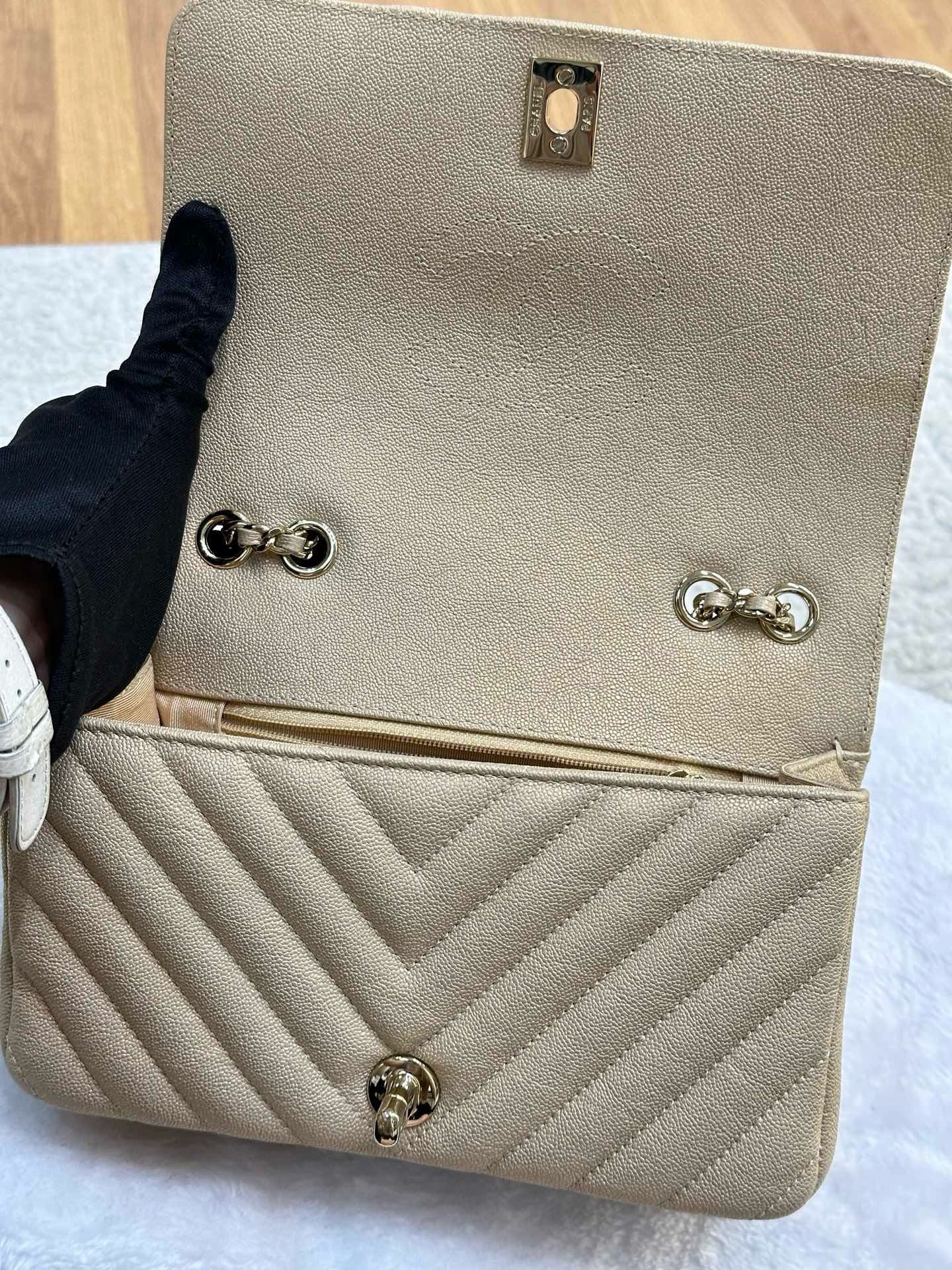 Chanel Mini Statement Metallic Caviar Chevron Quilted Flap Beige LGHW