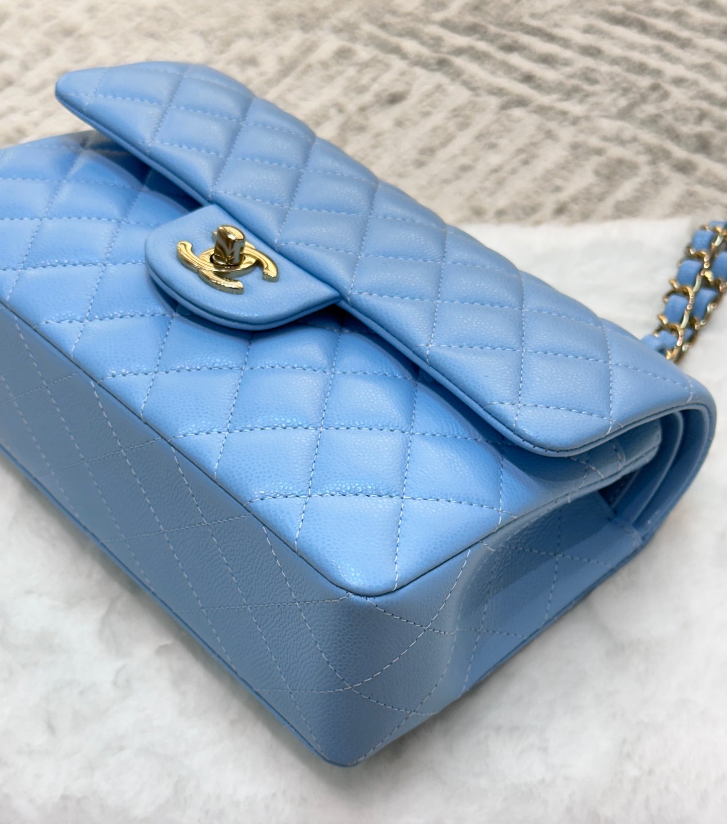 Chanel Small Classic Flap Ligth Blue Caviar Light Gold Hardware