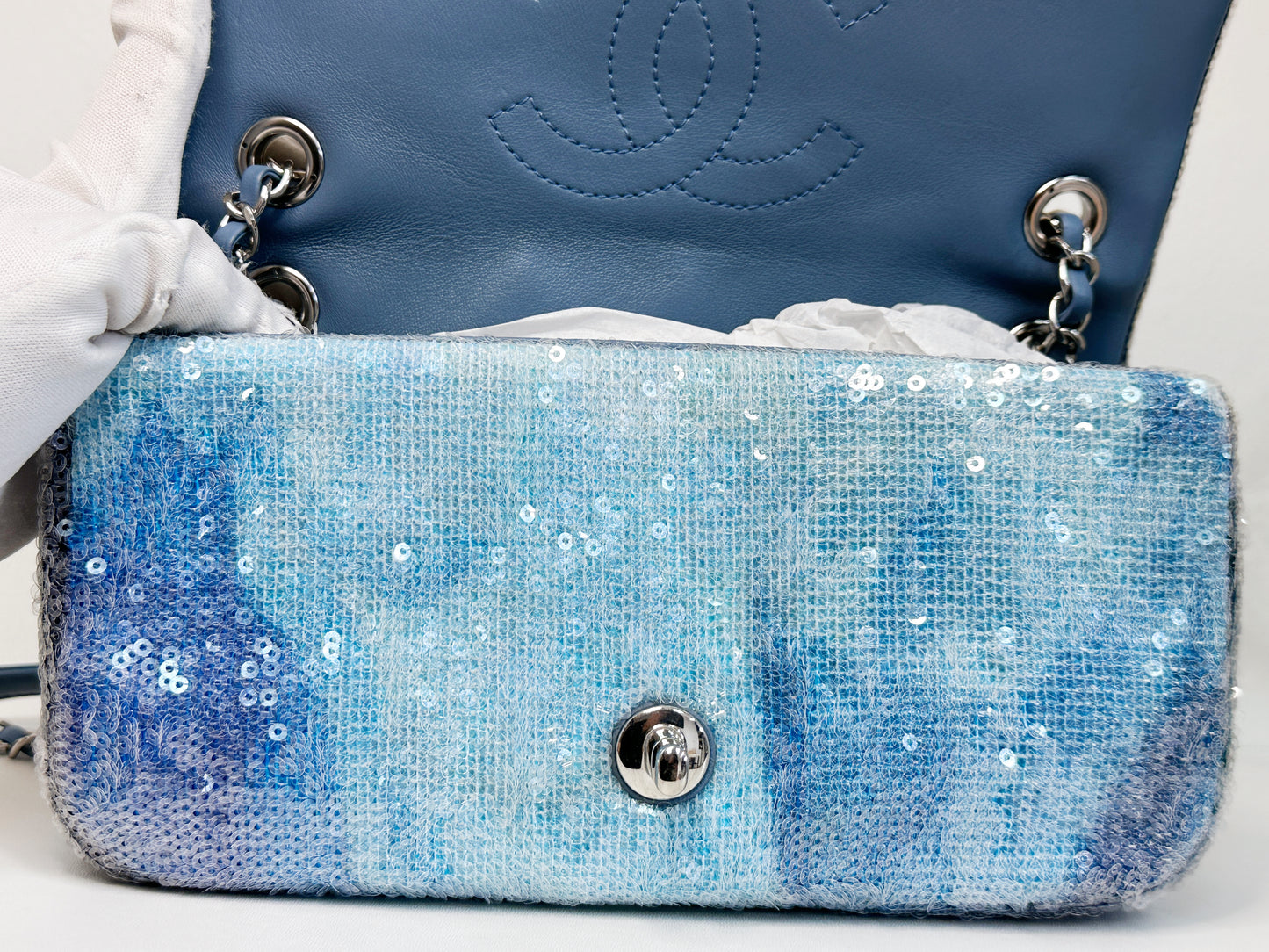Chanel Sequin Mini Waterfall Light Blue Flap Bag 2590 holo card