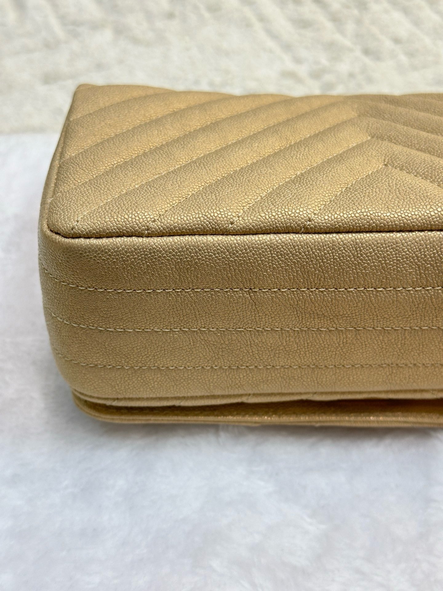 Chanel Mini Statement Metallic Caviar Chevron Quilted Flap Beige LGHW