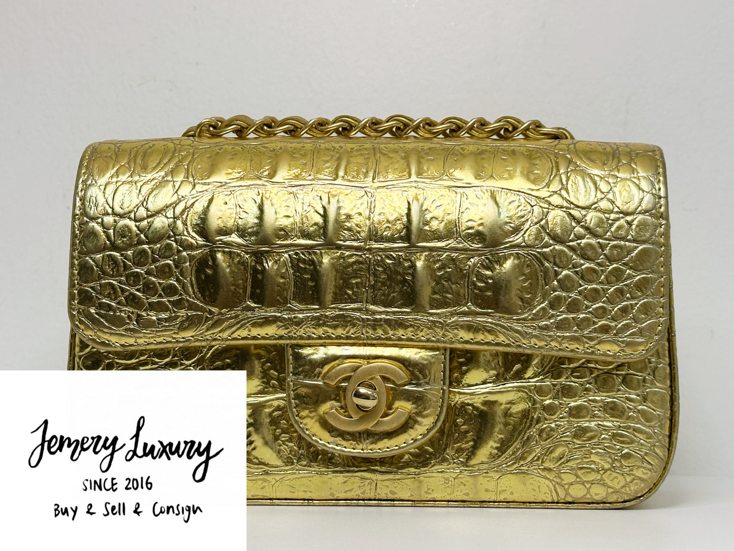 Chanel Mini Calfskin Crocodile Embossed Rectangular Gold Metallic Flap Bag 2813 holo card