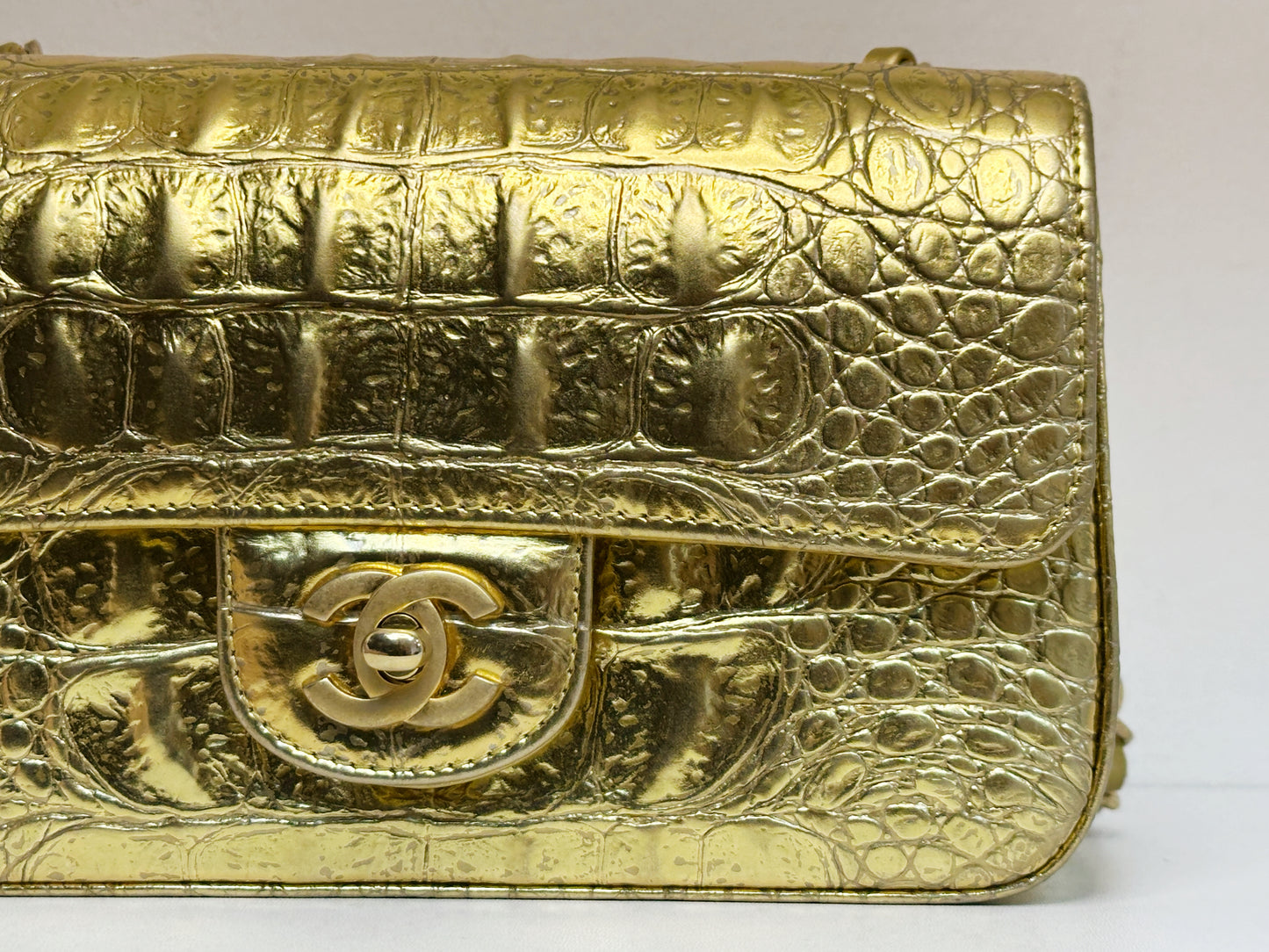 Chanel Mini Calfskin Crocodile Embossed Rectangular Gold Metallic Flap Bag 2813 holo card