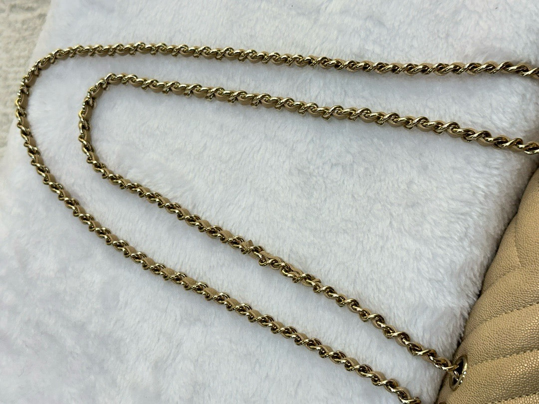 Chanel Mini Statement Metallic Caviar Chevron Quilted Flap Beige LGHW