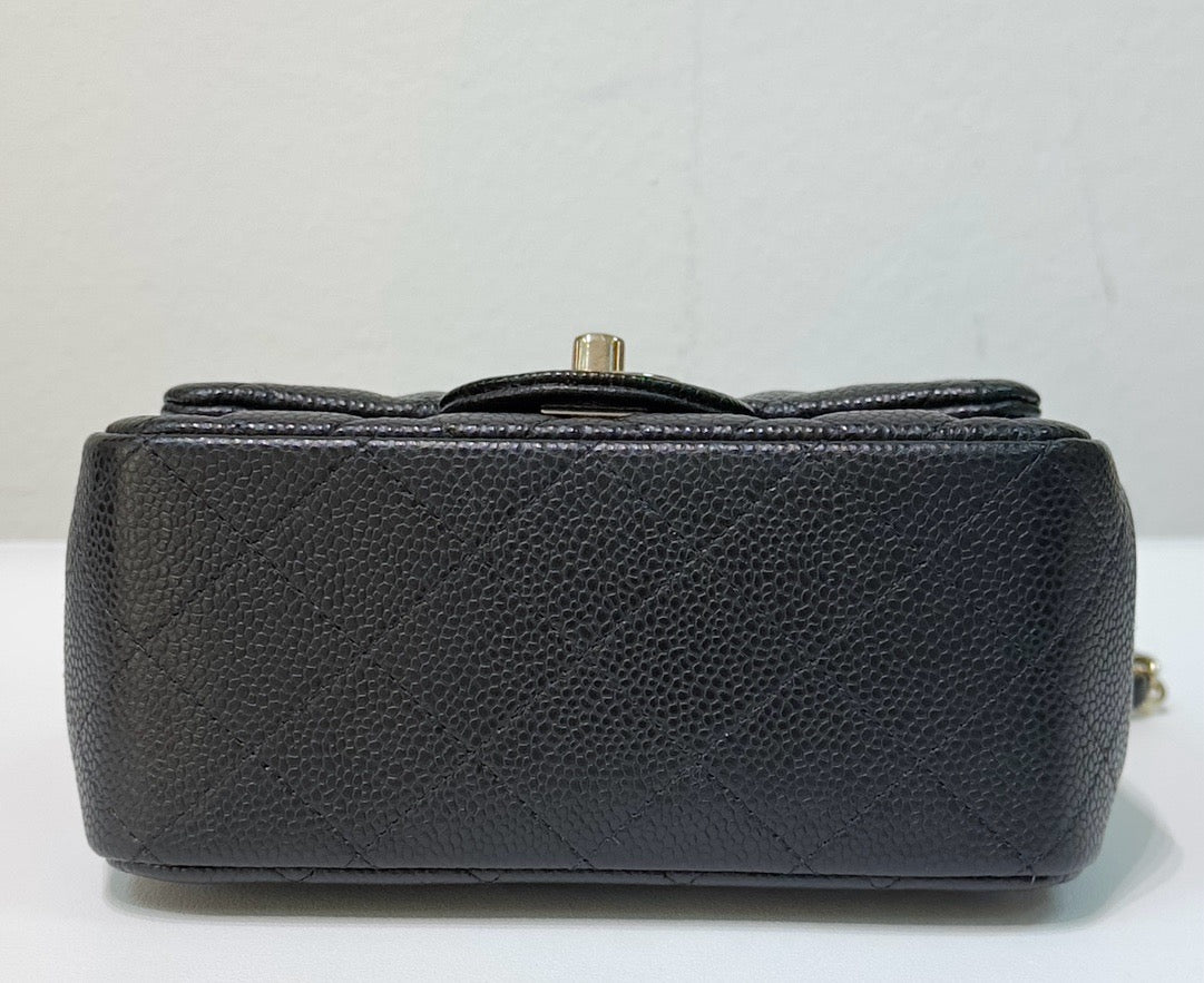 Chanel Mini Square Caviar Flap Bag Black GHW 25 holo card (Chain short than usual)
