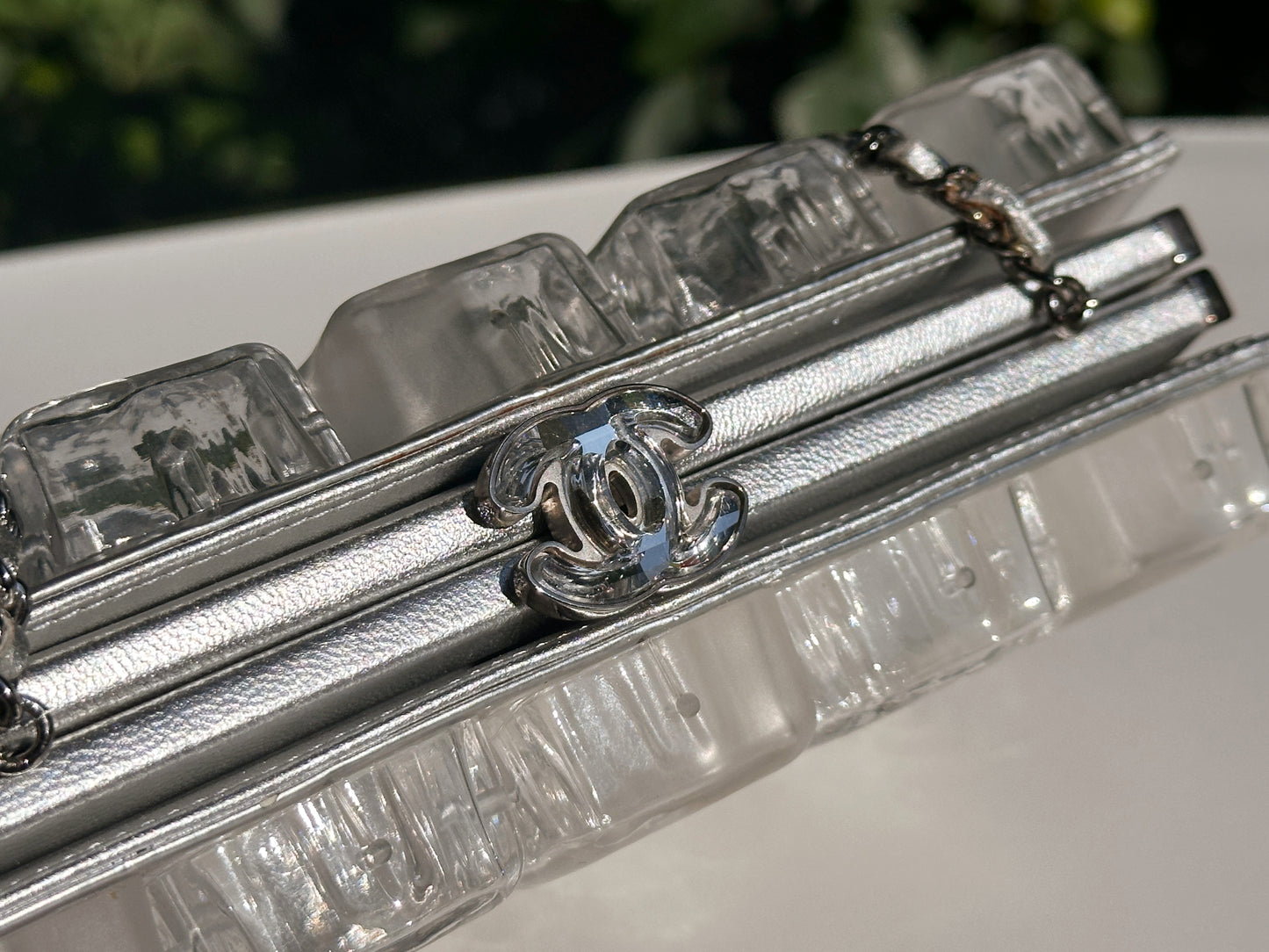 Chanel Silver Metallic Lambskin and Clear Acrylic Ice Cube Bag Silver Hardware 1426 holo card