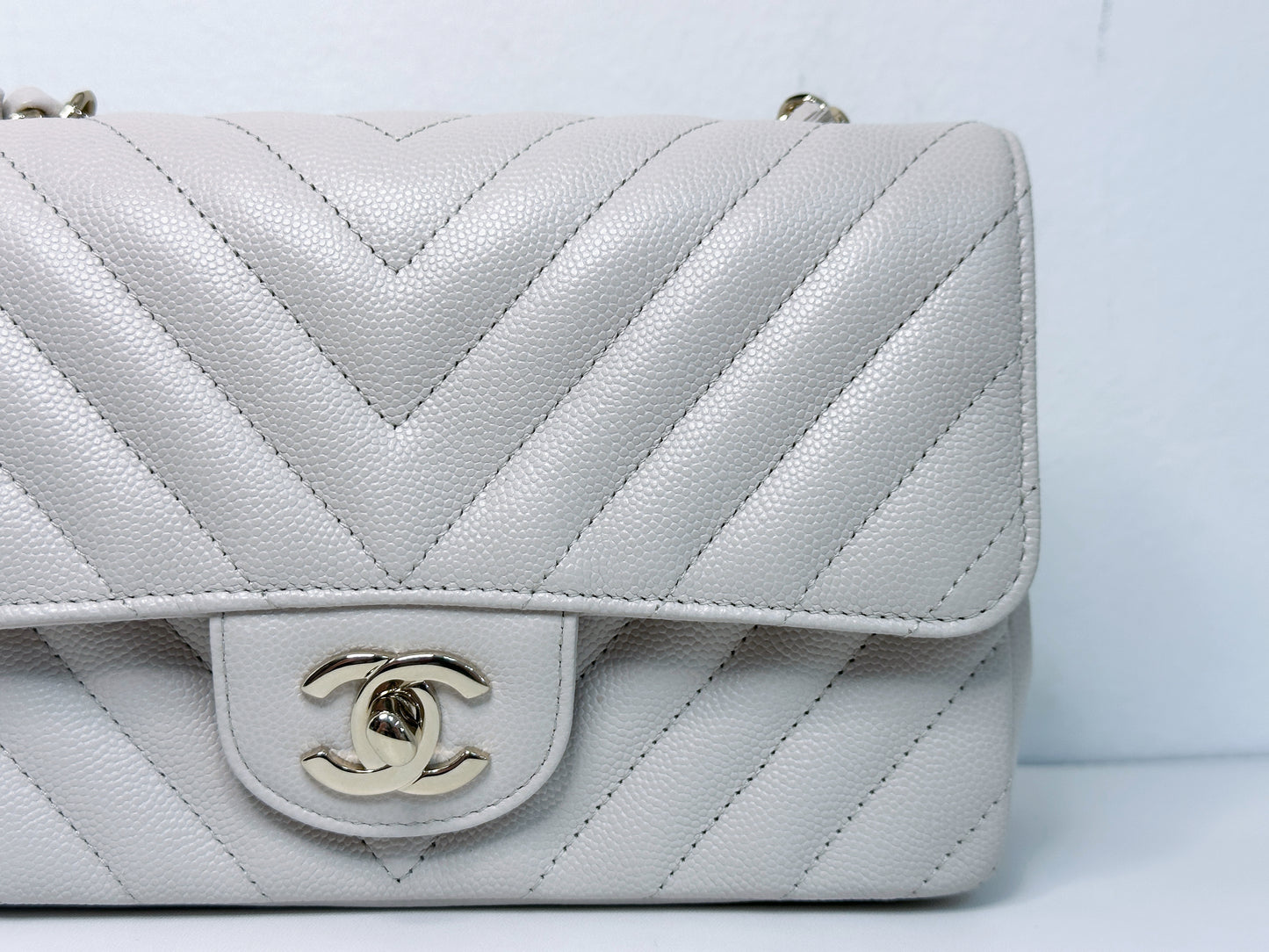 Chanel Mini Rectangle Chevron Blush Hue Light Beige Flap Bag LGHW