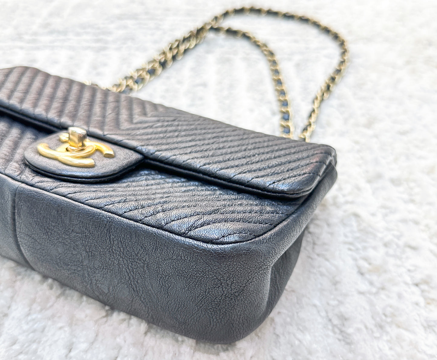 Chanel Black Chevron Leather Small Classic Flap Bag