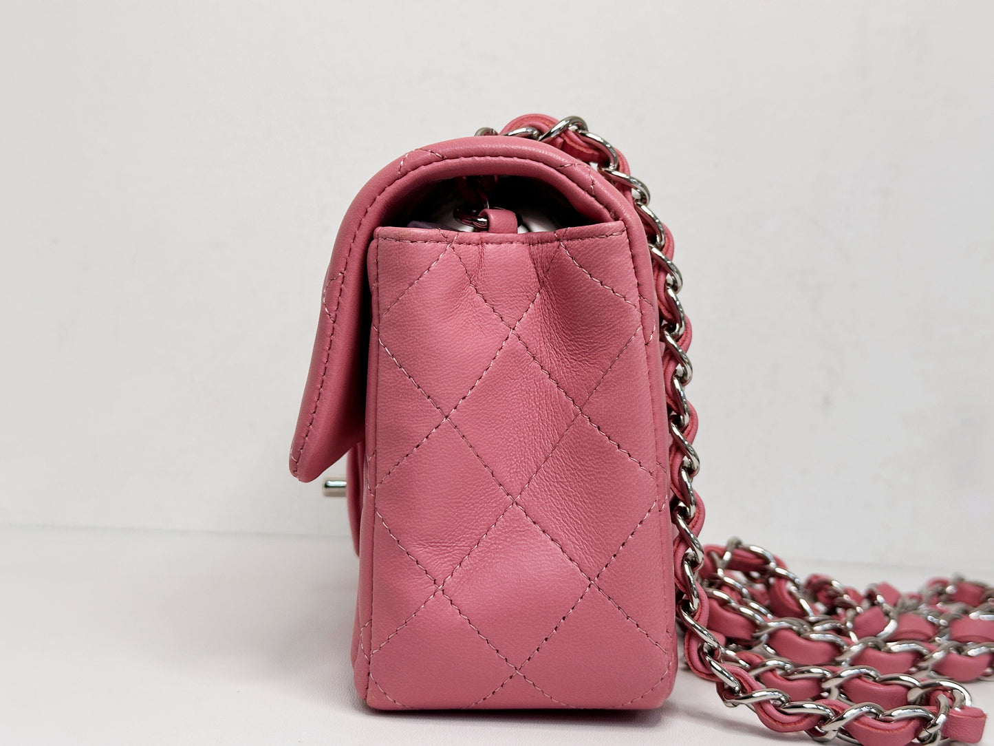 CHANEL Pink Lambskin Quilted Mini Rectangular Flap Bag Pink
