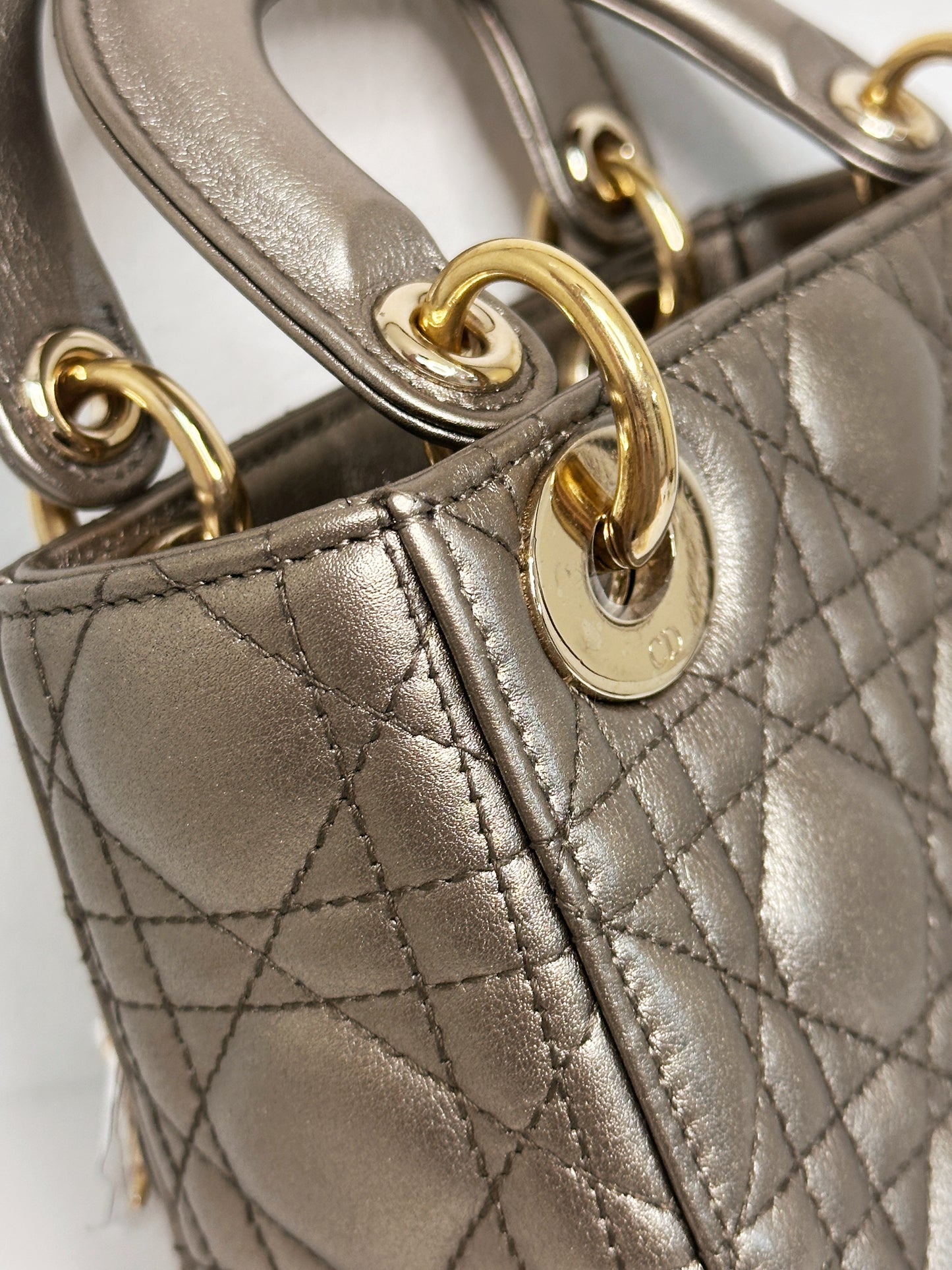 CHRISTIAN DIOR LADY MINI CALFSKIN CANNAGE BRONZE METALLIC GOLDEN HARDWARE CHAIN STRAP