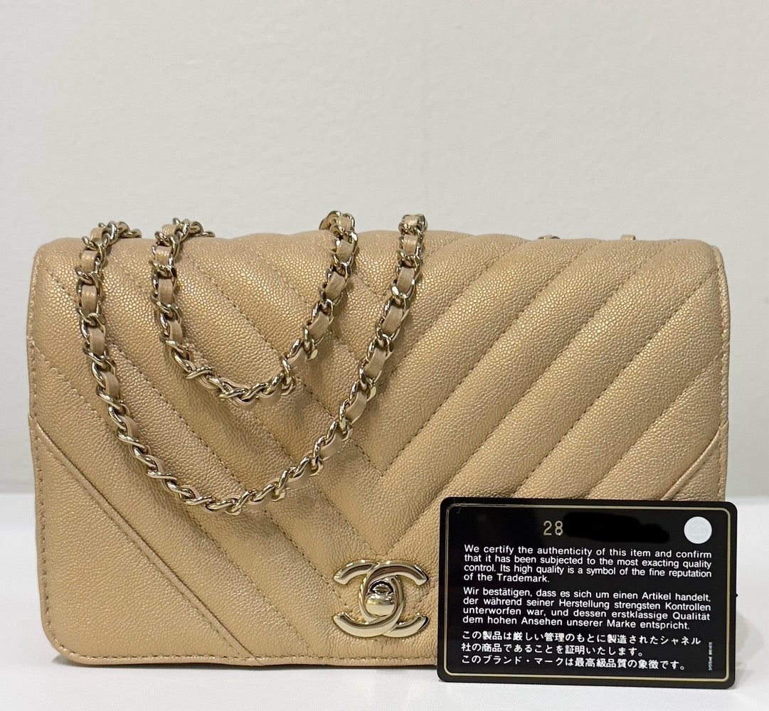 Chanel Mini Statement Metallic Caviar Chevron Quilted Flap Beige LGHW
