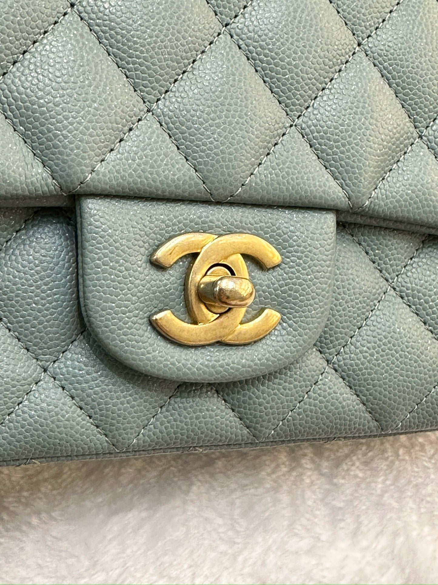 CHANEL Iridescent Caviar Quilted Mini Rectangular Flap Light Blue 18C