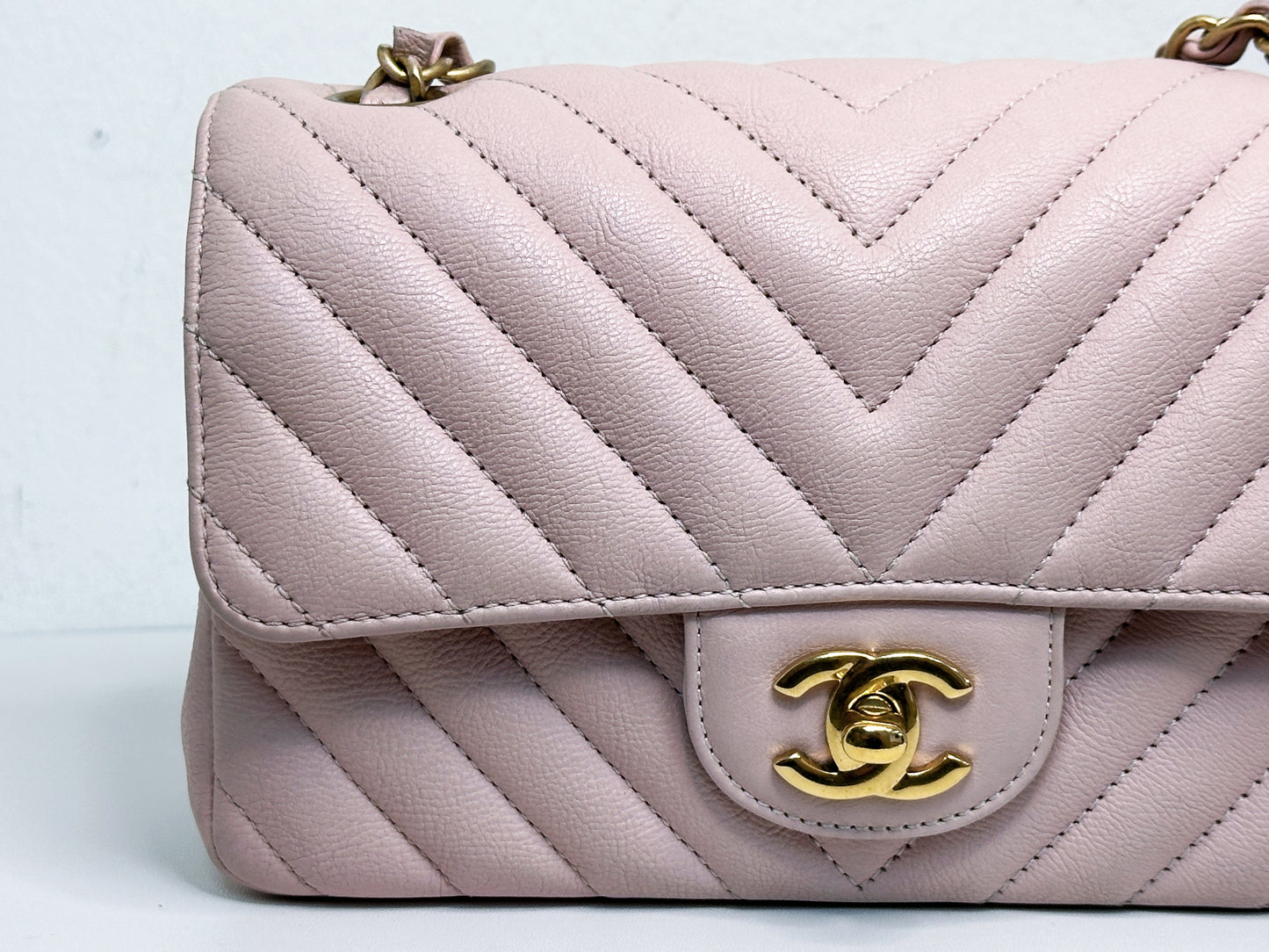 Chanel Classic Mini Rectangular 17C Light Pink Chevron Calfskin with brushed gold hardware 2383 holo card
