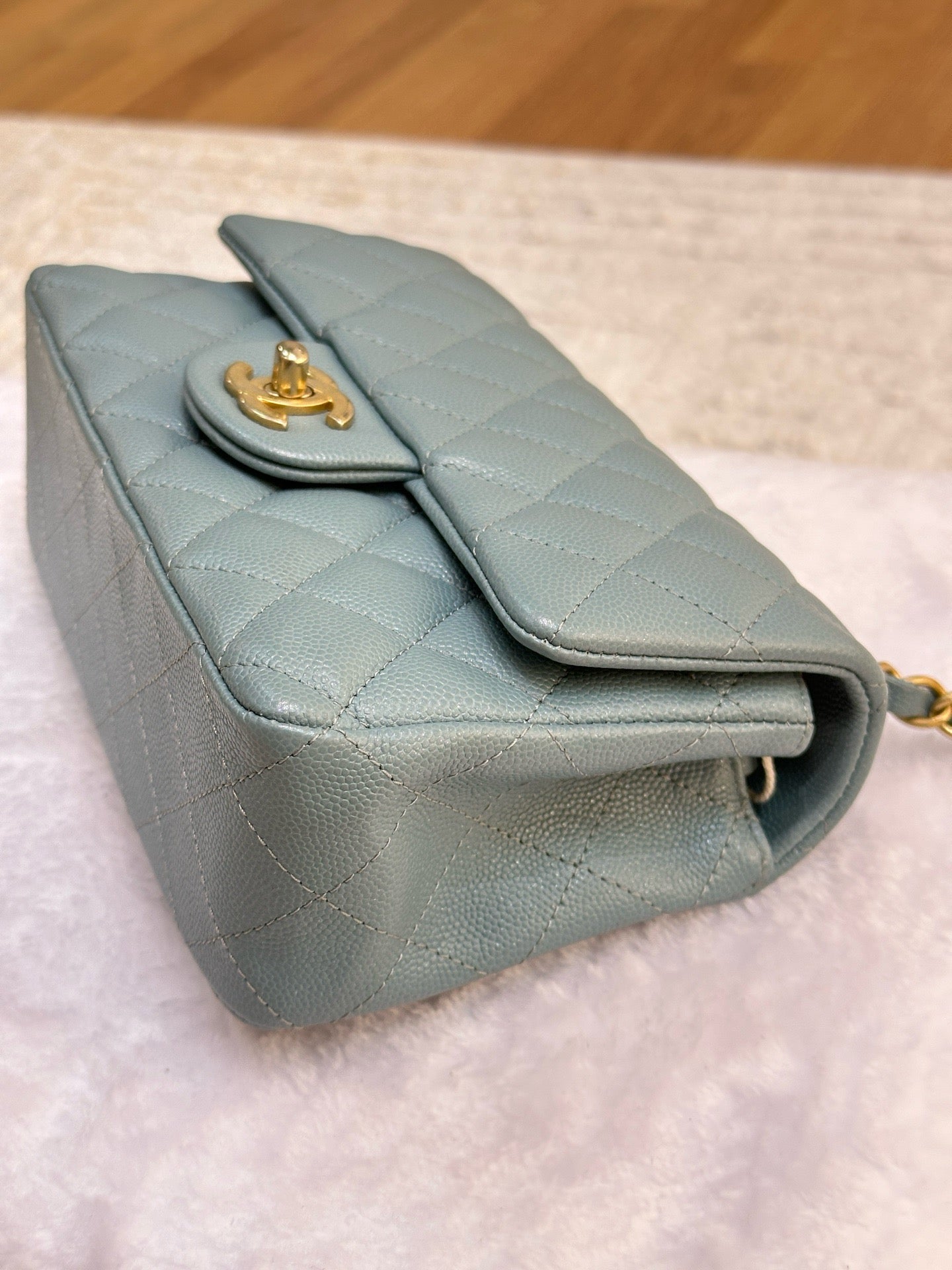 CHANEL Iridescent Caviar Quilted Mini Rectangular Flap Light Blue 18C