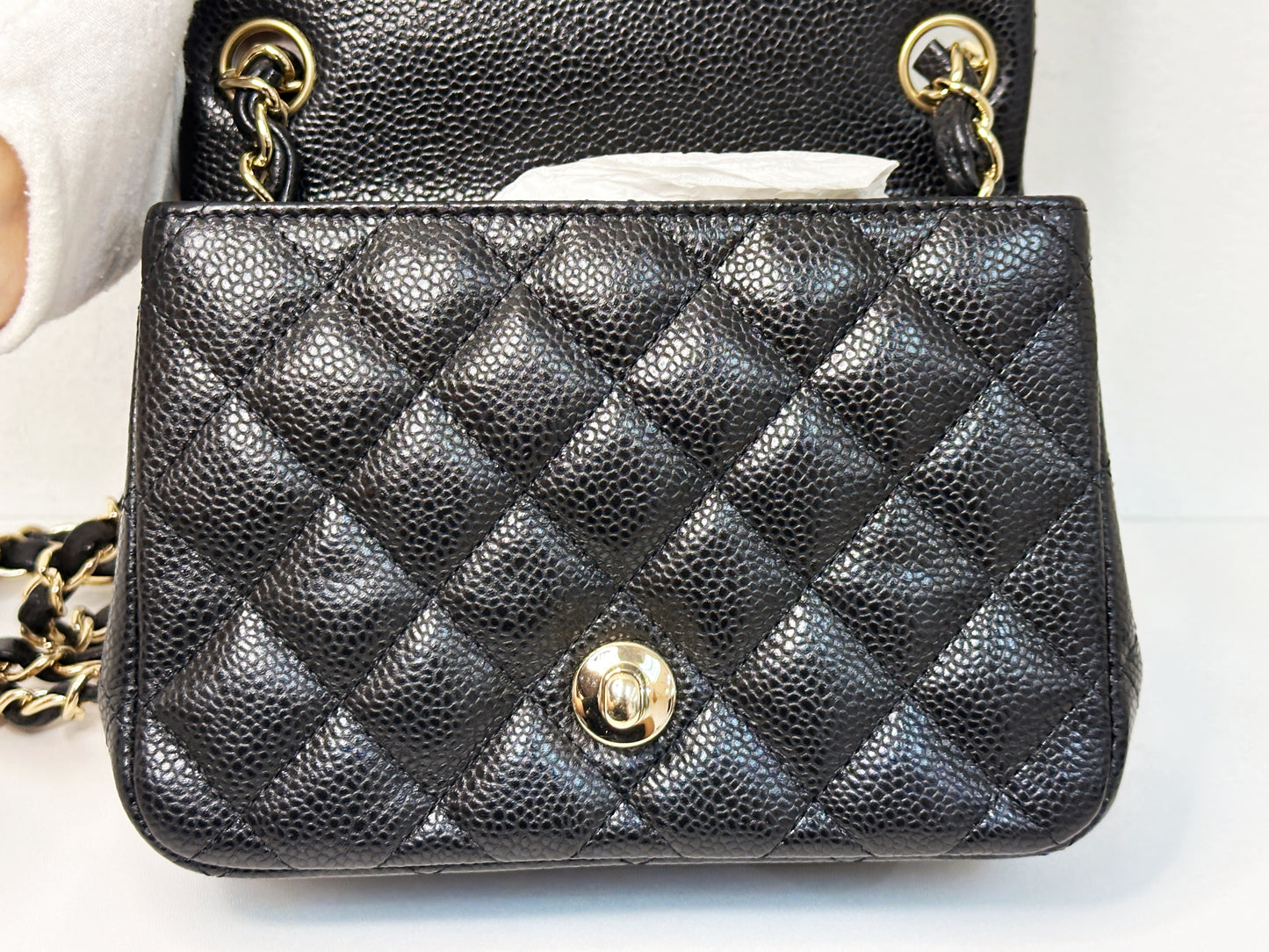 Chanel Mini Square Classic Quilted Caviar Single Flap Bag Black LGHW 2564 holo card