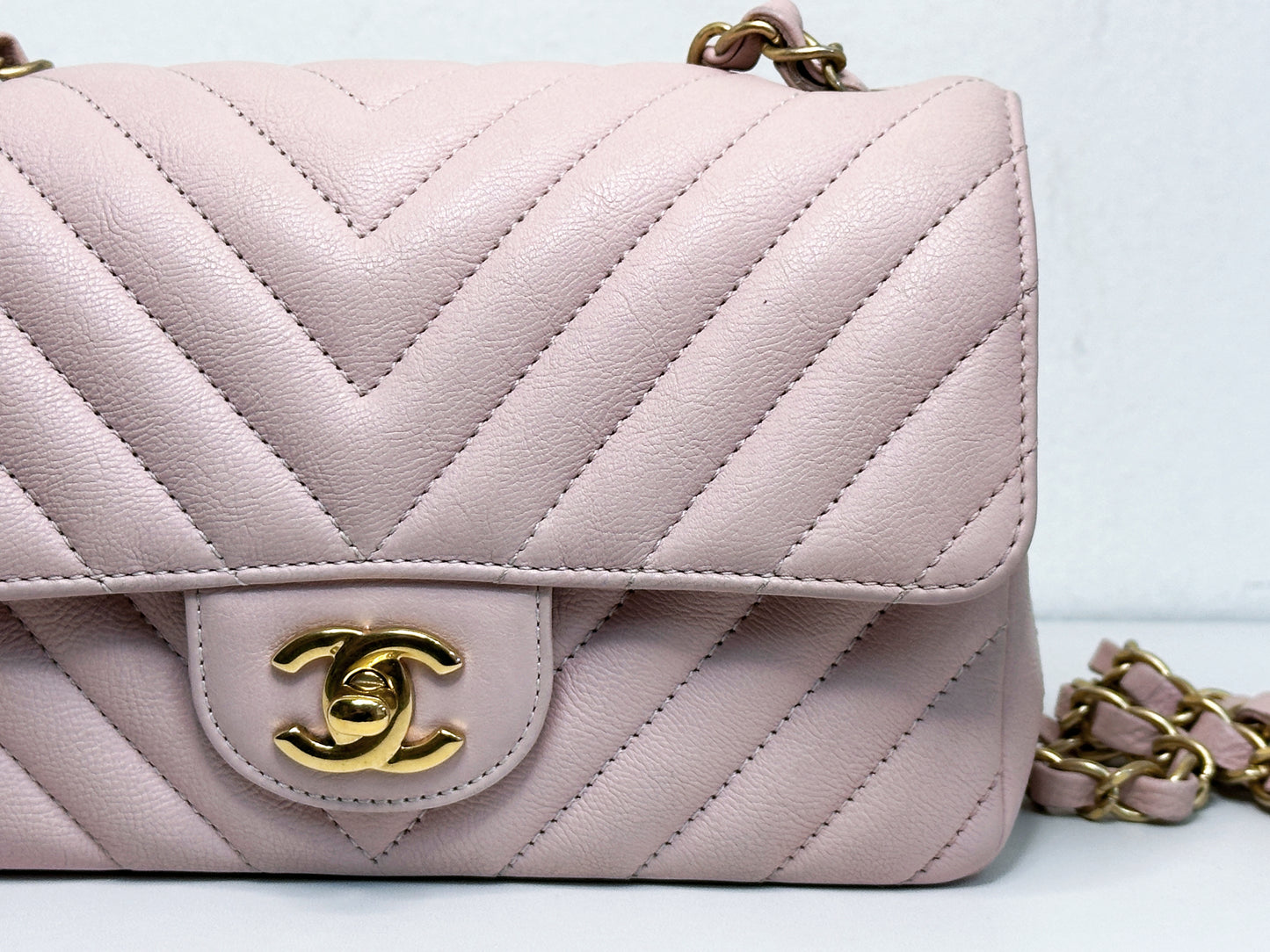 Chanel Classic Mini Rectangular 17C Light Pink Chevron Calfskin with brushed gold hardware 2383 holo card