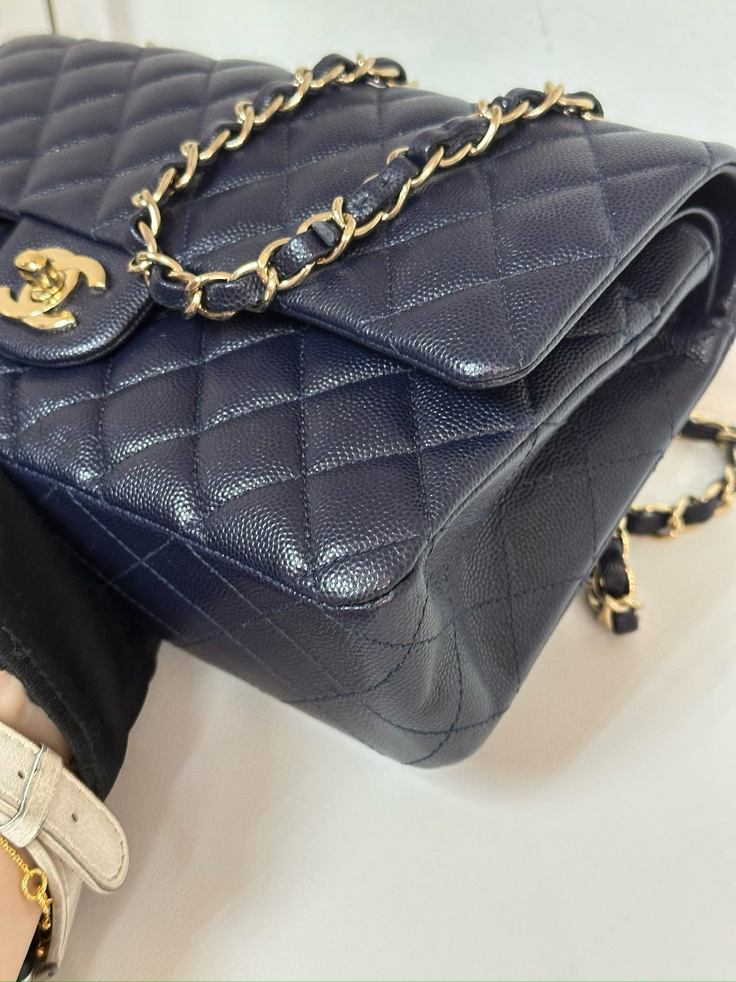 Chanel Medium Classic Caviar Double Flap Navy Blue Bag LSHW 2021year Microchip