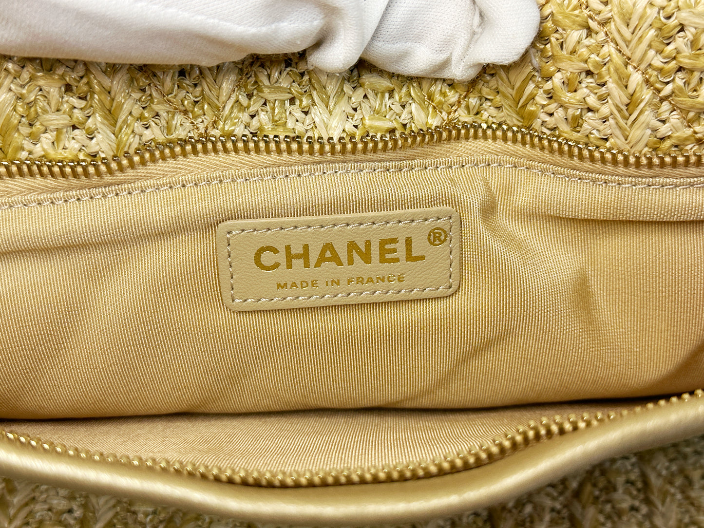 Chanel CC Woven Clutch Gold Natural Raffia Antique Gold Hardware 2502 holo