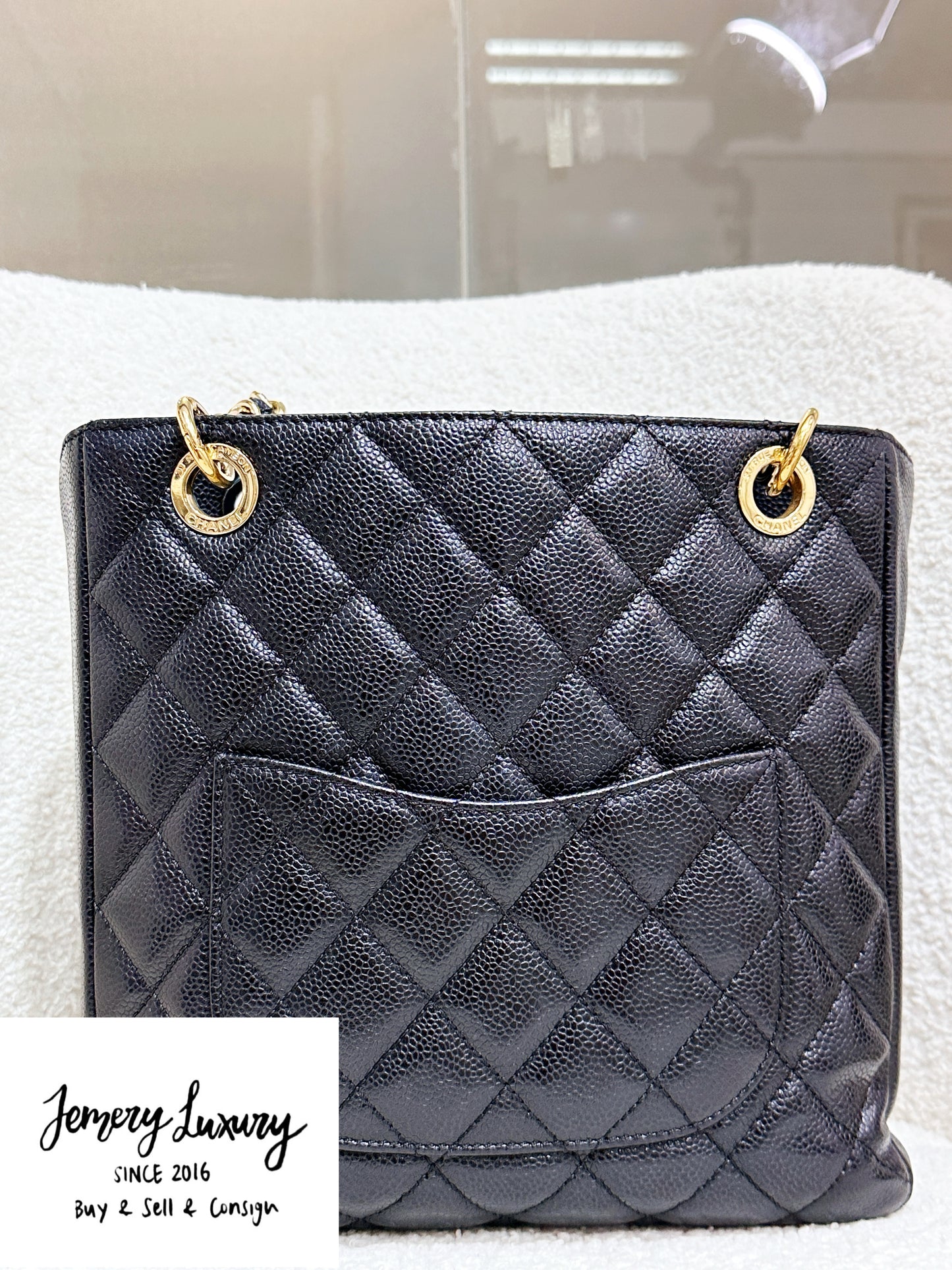 Chanel Caviar Quilted Petit Shopping Tote PST Black GHW 1975 holo card