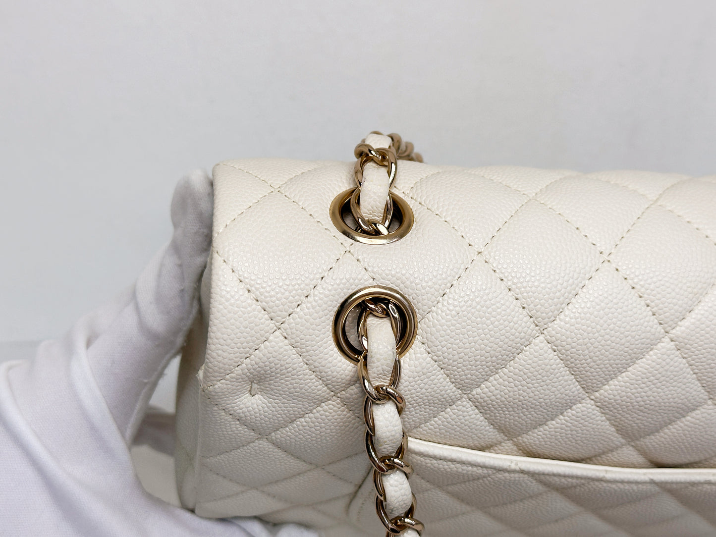 Chanel Medium Caviar Classic Quilted Double Flap White Light Beige Bag LGHW L45J microchip