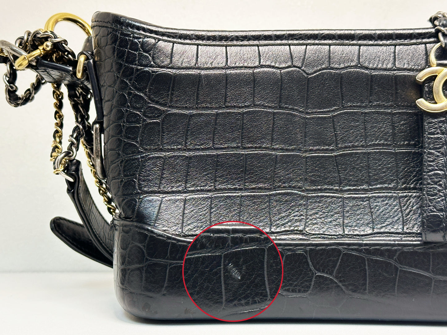 Chanel Small Gabrielle Hobo Bag Crocodile Embossed Calfskin Black 2822 holo card