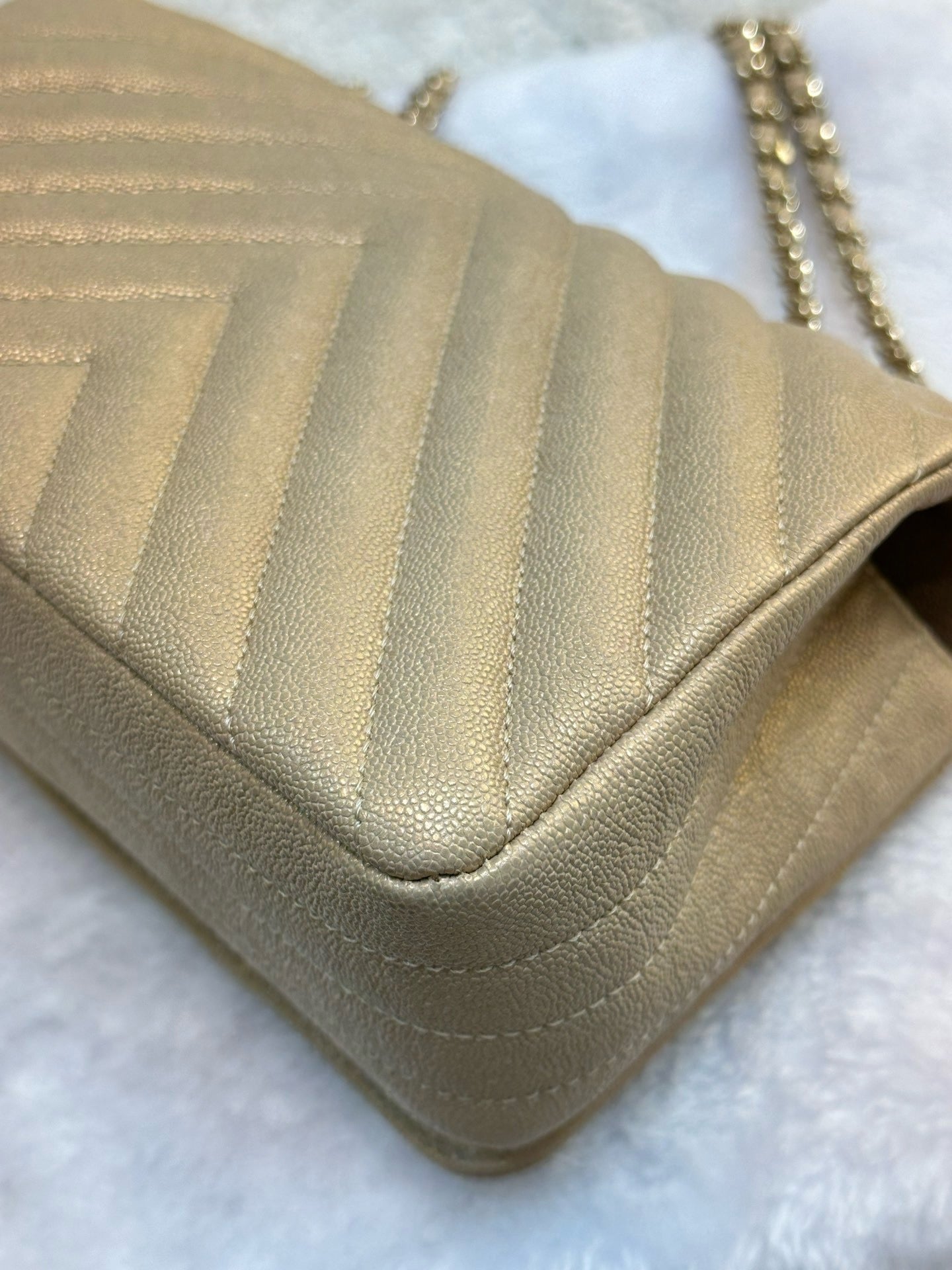 Chanel Mini Statement Metallic Caviar Chevron Quilted Flap Beige LGHW