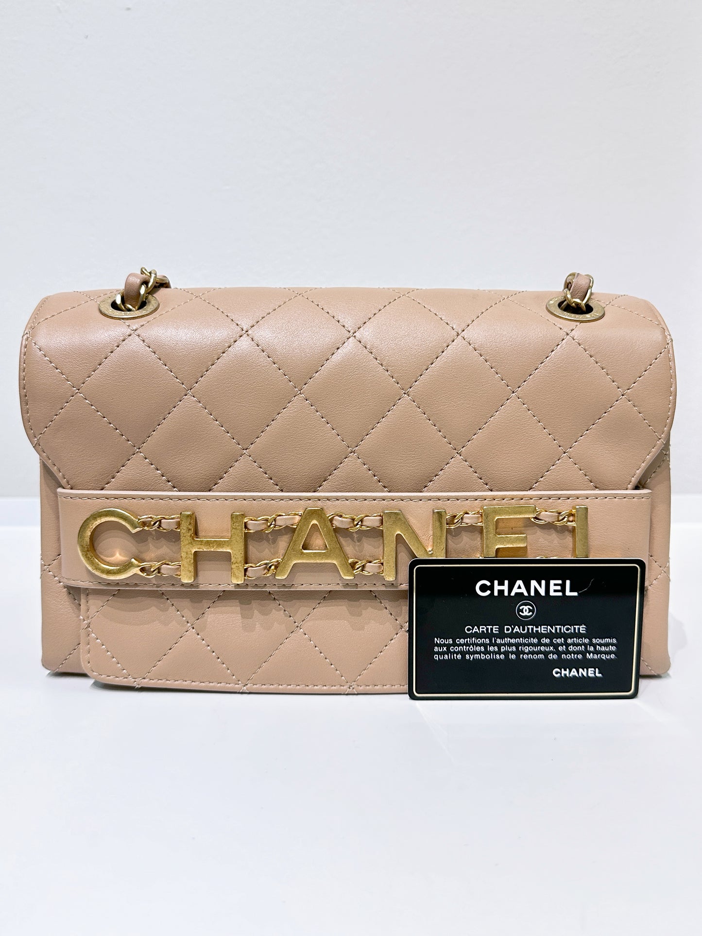 Chanel Engraved Flap Dark Beige Lambskin Gold Hardware