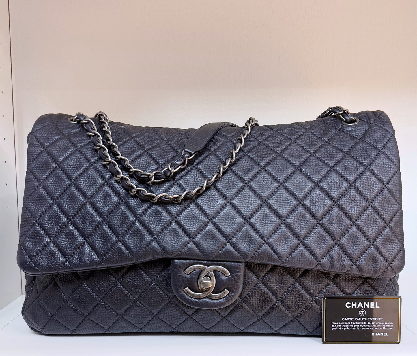Chanel Calfskin Quilted XXL Travel Flap Bag Black 3038 holo card