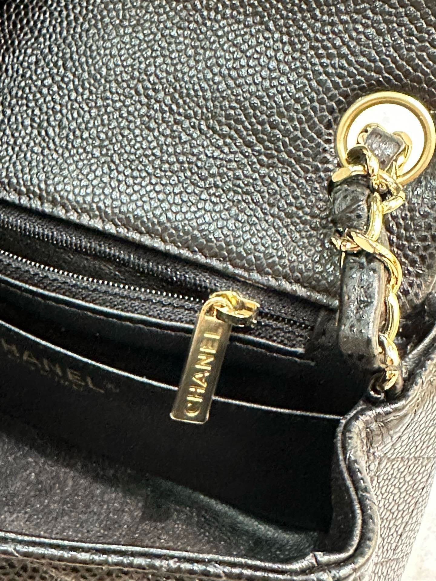 Chanel Mini Square Caviar Flap Bag Black GHW 25 holo card (Chain short than usual)