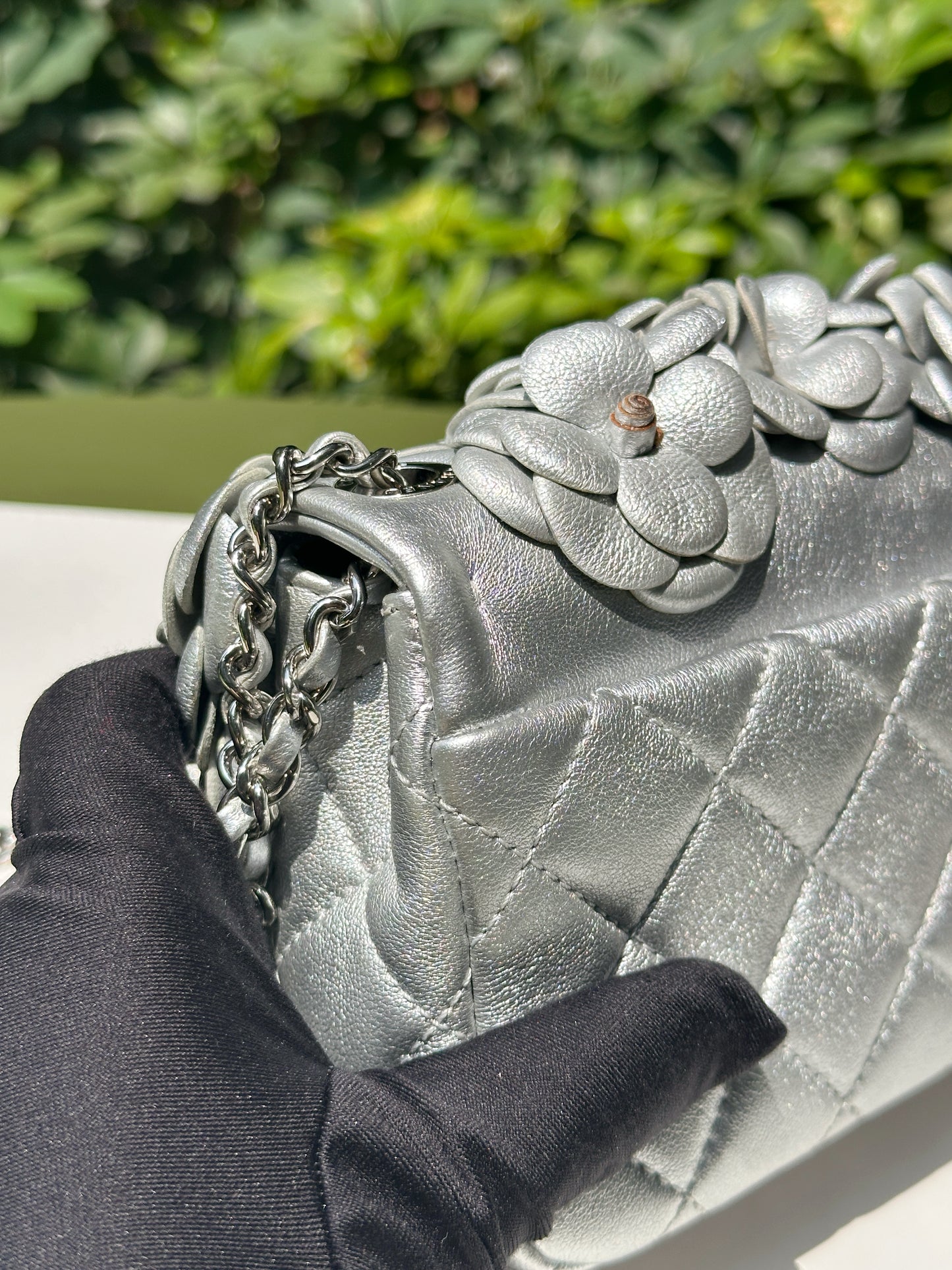 Chanel Mini Camellia Lambskin Shiny Silver SHW 2245 holo