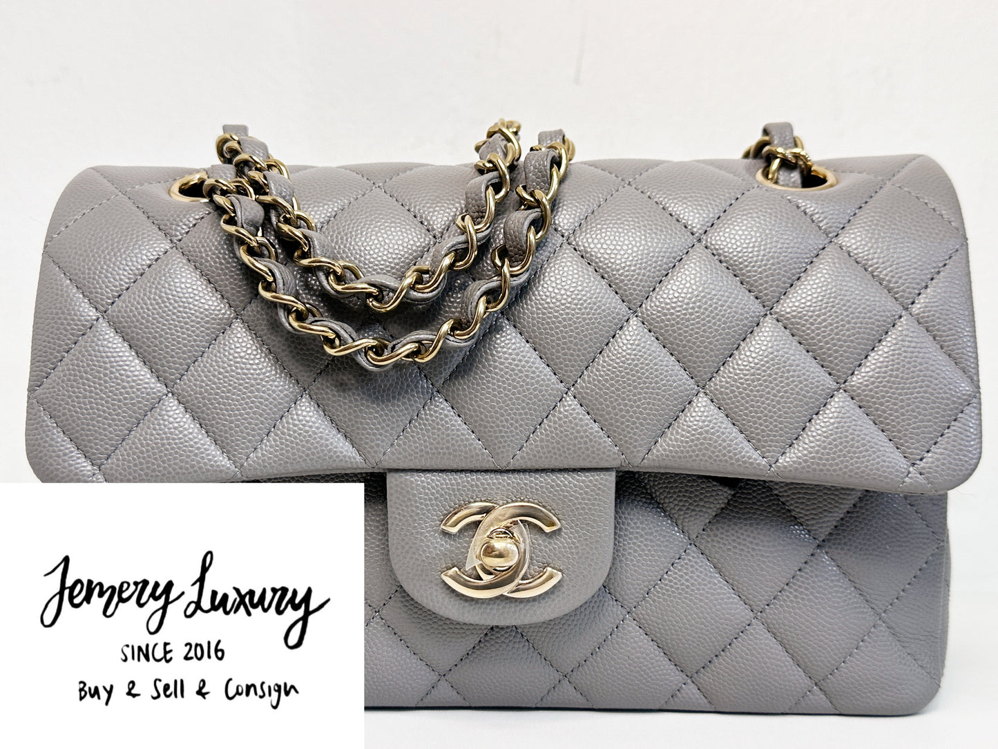 Chanel Small Caviar Quilted Double Flap Bag Grey LGHW EK81 microchip