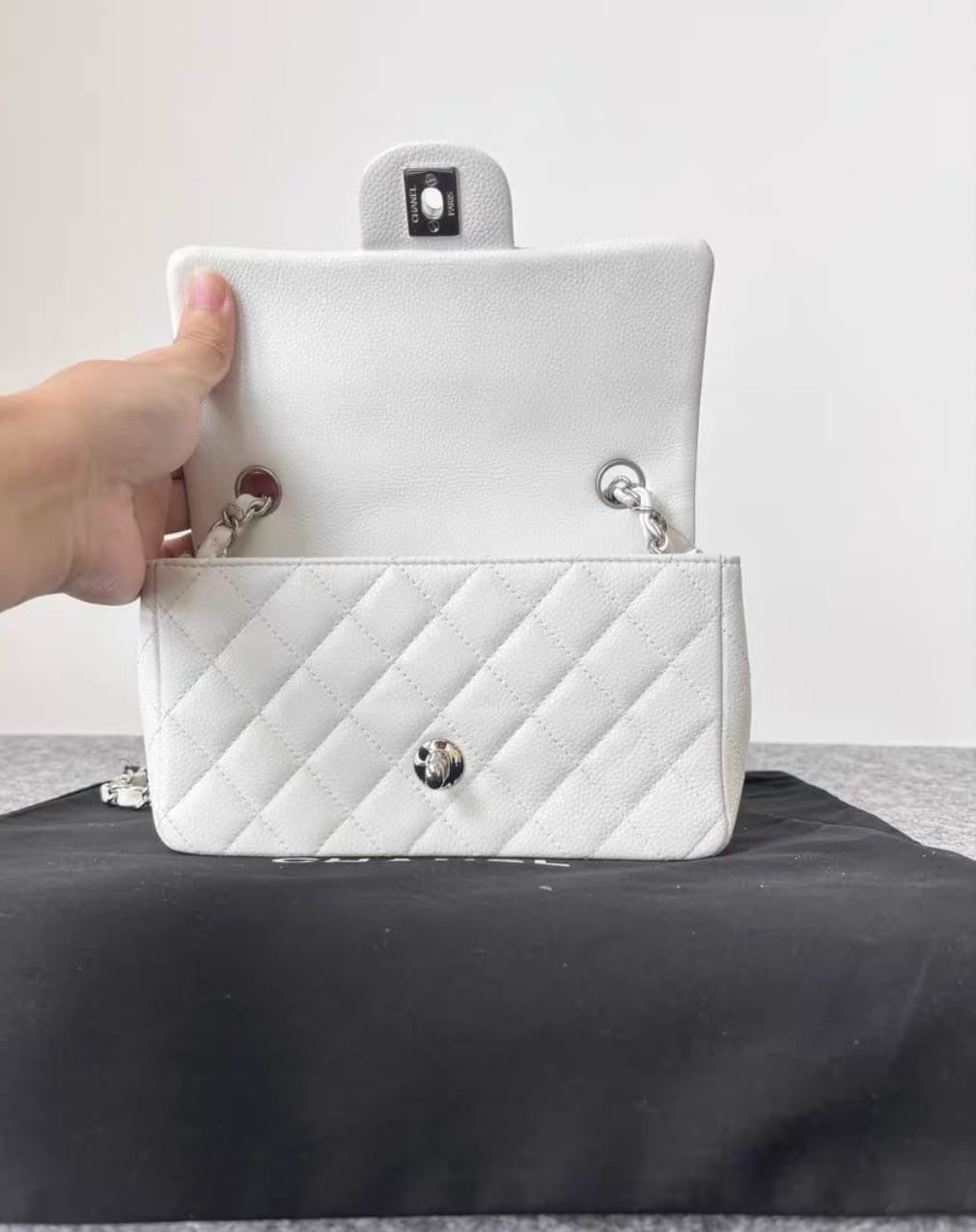 Chanel Mini Rectangular Caviar Classic White SHW 1877 holo card