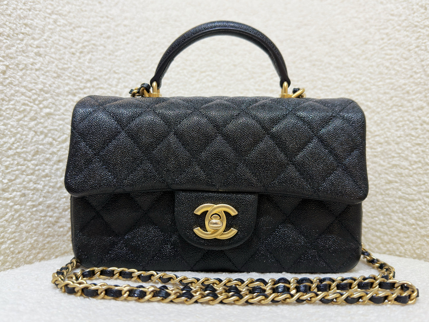Chanel Mini Rectangular Top Handle Flap Bag Black Caviar GHW 3126 holo card