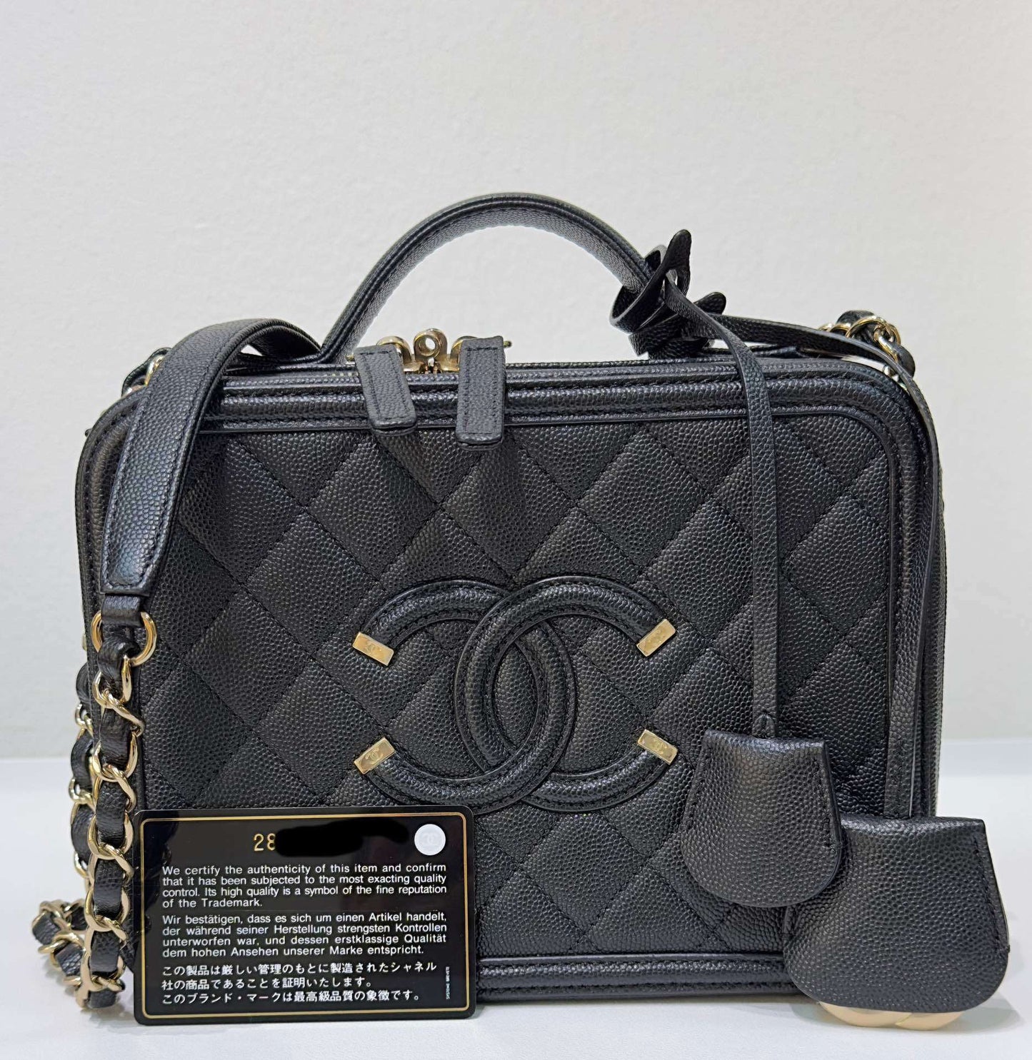 Chanel Medium Filigree Vanity Case Quilted Caviar Black GHW 2899 holo card