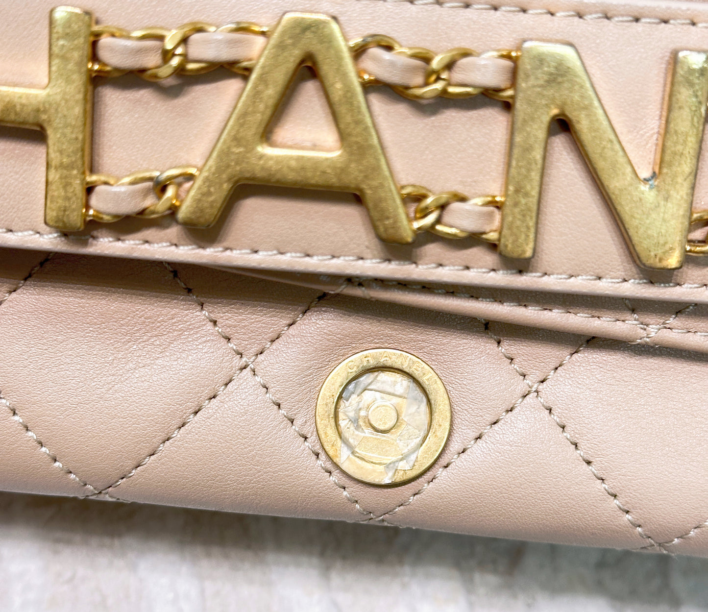 Chanel Engraved Flap Dark Beige Lambskin Gold Hardware