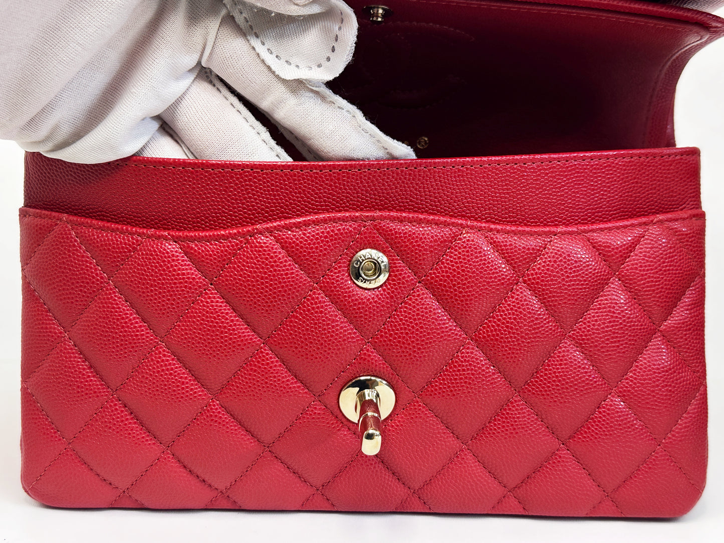 Chanel 19B Small Quilted Caviar Classic Double Flap Bag Red 2851 holo card