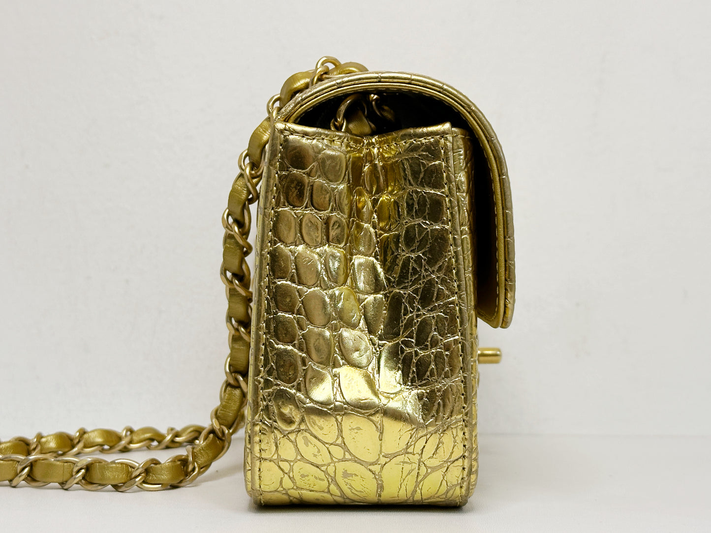 Chanel Mini Calfskin Crocodile Embossed Rectangular Gold Metallic Flap Bag 2813 holo card