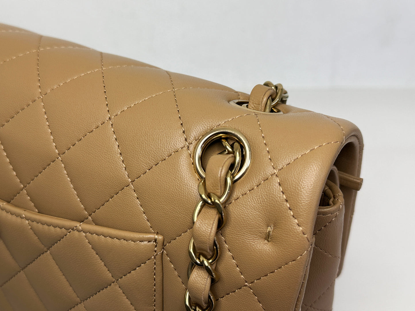 Chanel 22B Lambskin Classic Quilted Double Flap Medium LGHW Dark beige HH9G microchip