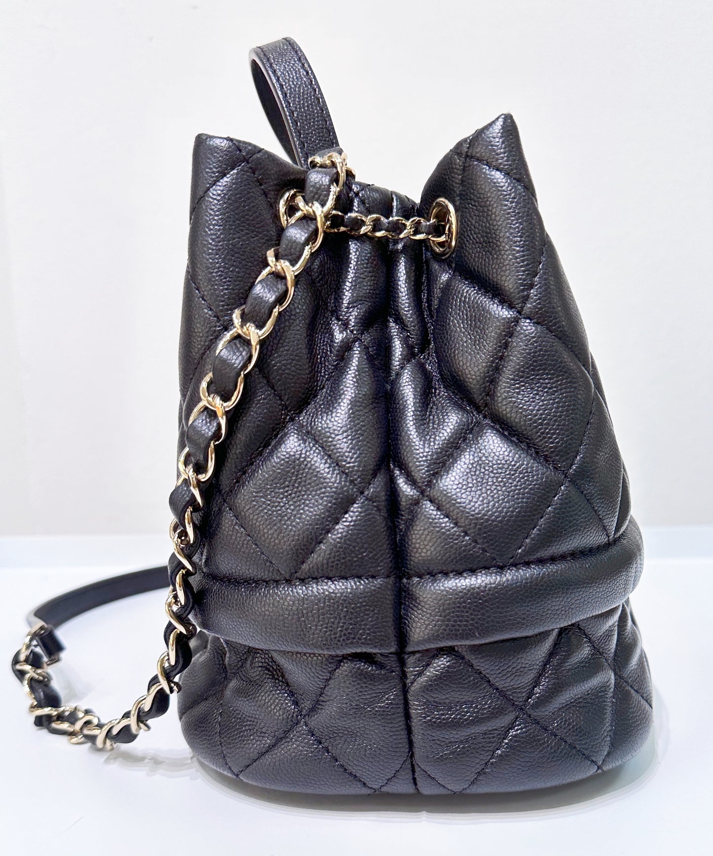 CHANEL Caviar Quilted Rolled Up Bucket Drawstring Bag Black