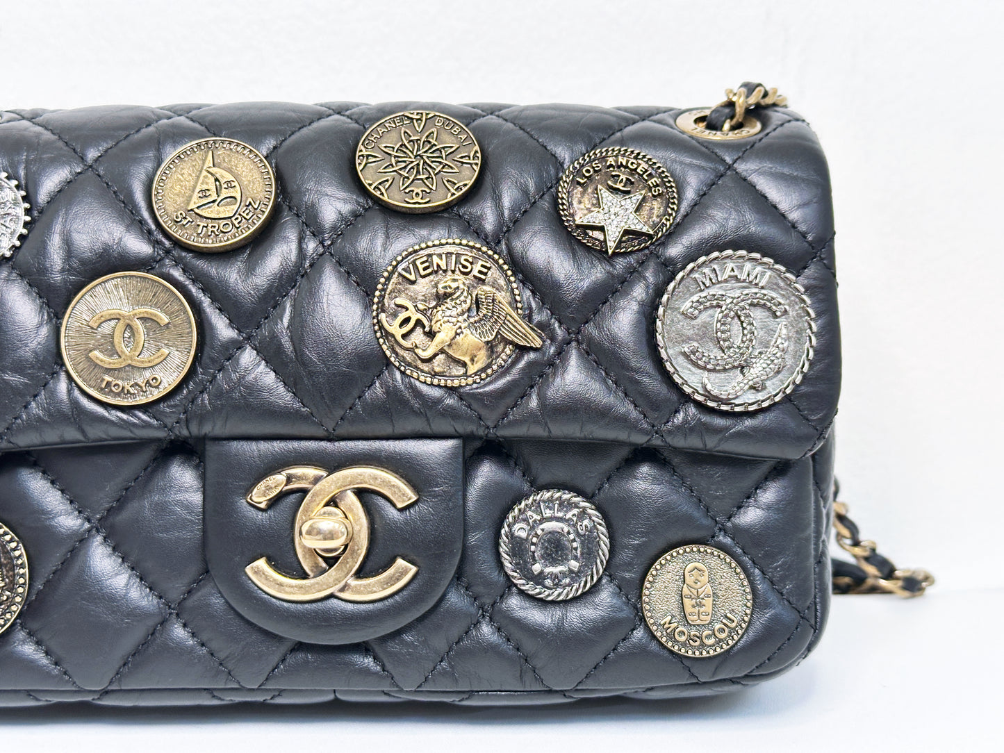 Chanel Mini Limited Edition Aged Calfskin Quilted Medallion Flap Black GHW 2063 holo card