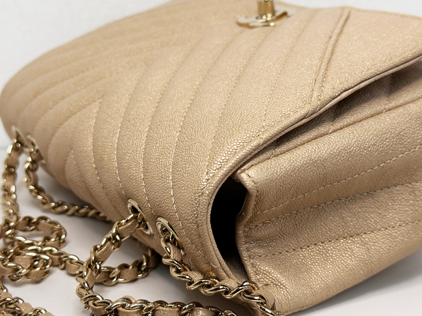 Chanel Mini Statement Metallic Caviar Chevron Quilted Flap Beige LGHW 2835 holo card